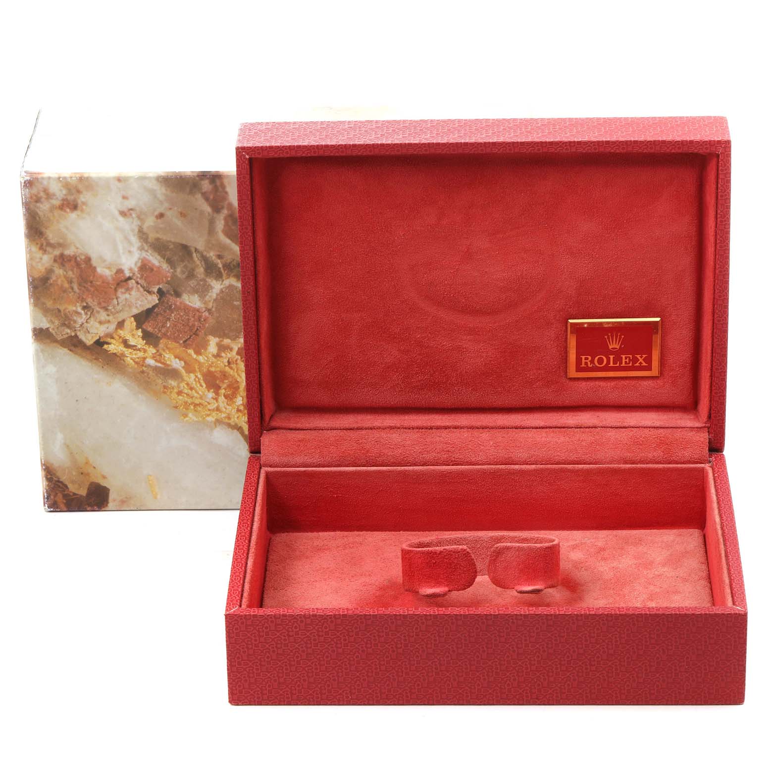 This image shows an open red Rolex watch box, suitable for the President model, displaying the interior with soft lining and a logo plaque.