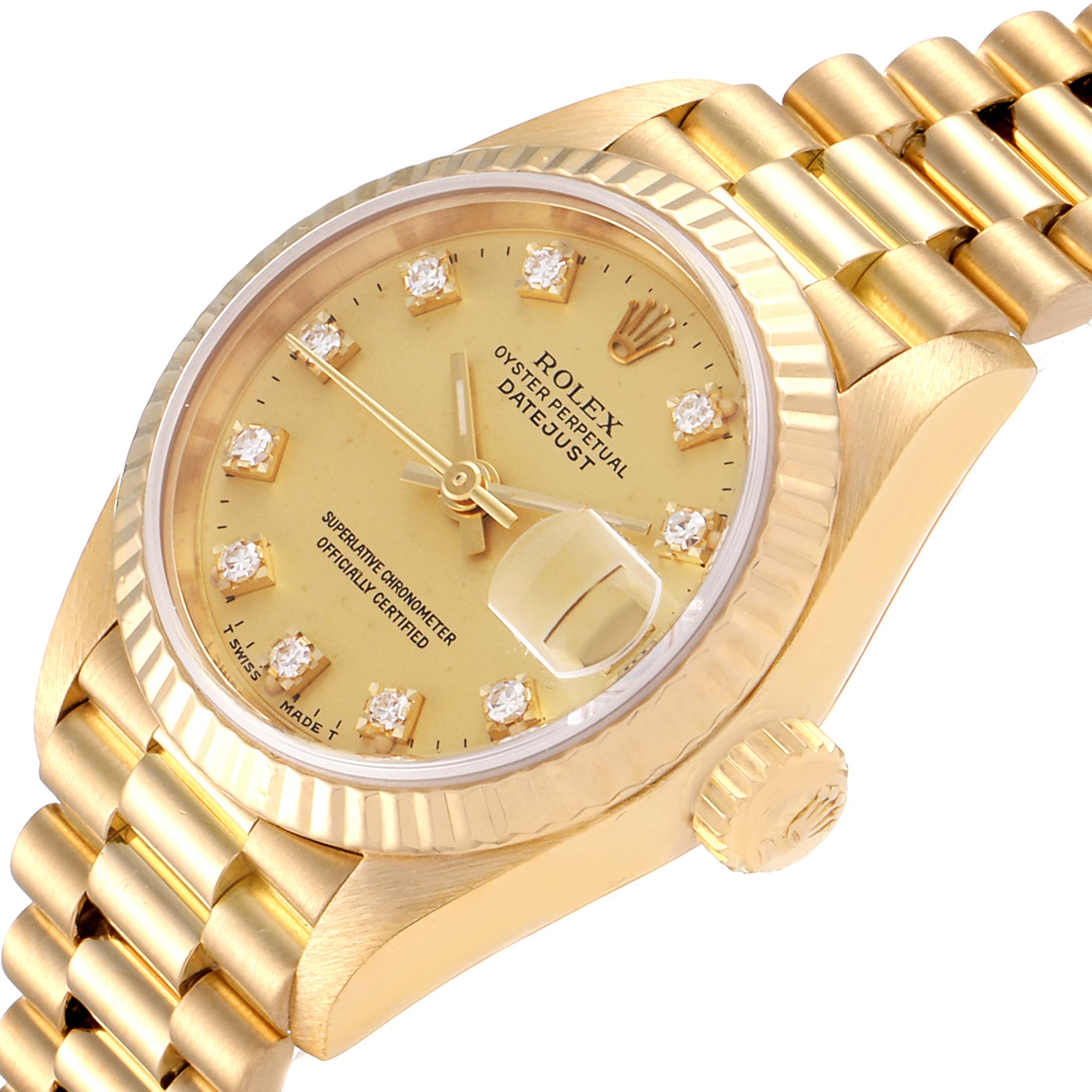 The image shows a close-up of the Rolex President 69178 Women's Yellow Gold Champagne Dial 69178 Women's Yellow Gold Champagne Dial model watch from an oblique angle, highlighting the dial, bezel, and bracelet.