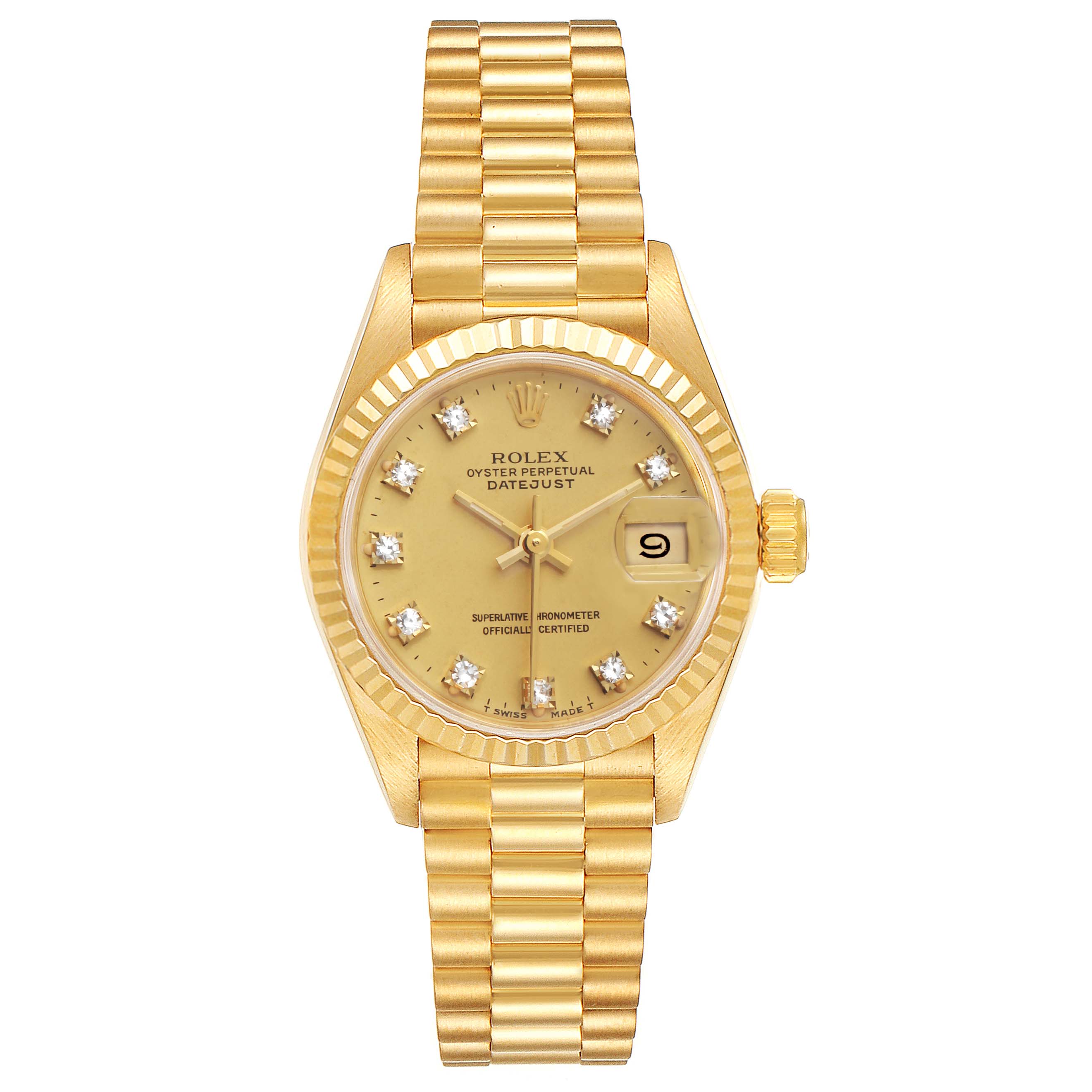 The image shows a front view of a Rolex President 69178 Women's Yellow Gold Champagne Dial 69178 Women's Yellow Gold Champagne Dial Model, showcasing its gold bracelet, dial, and date display.