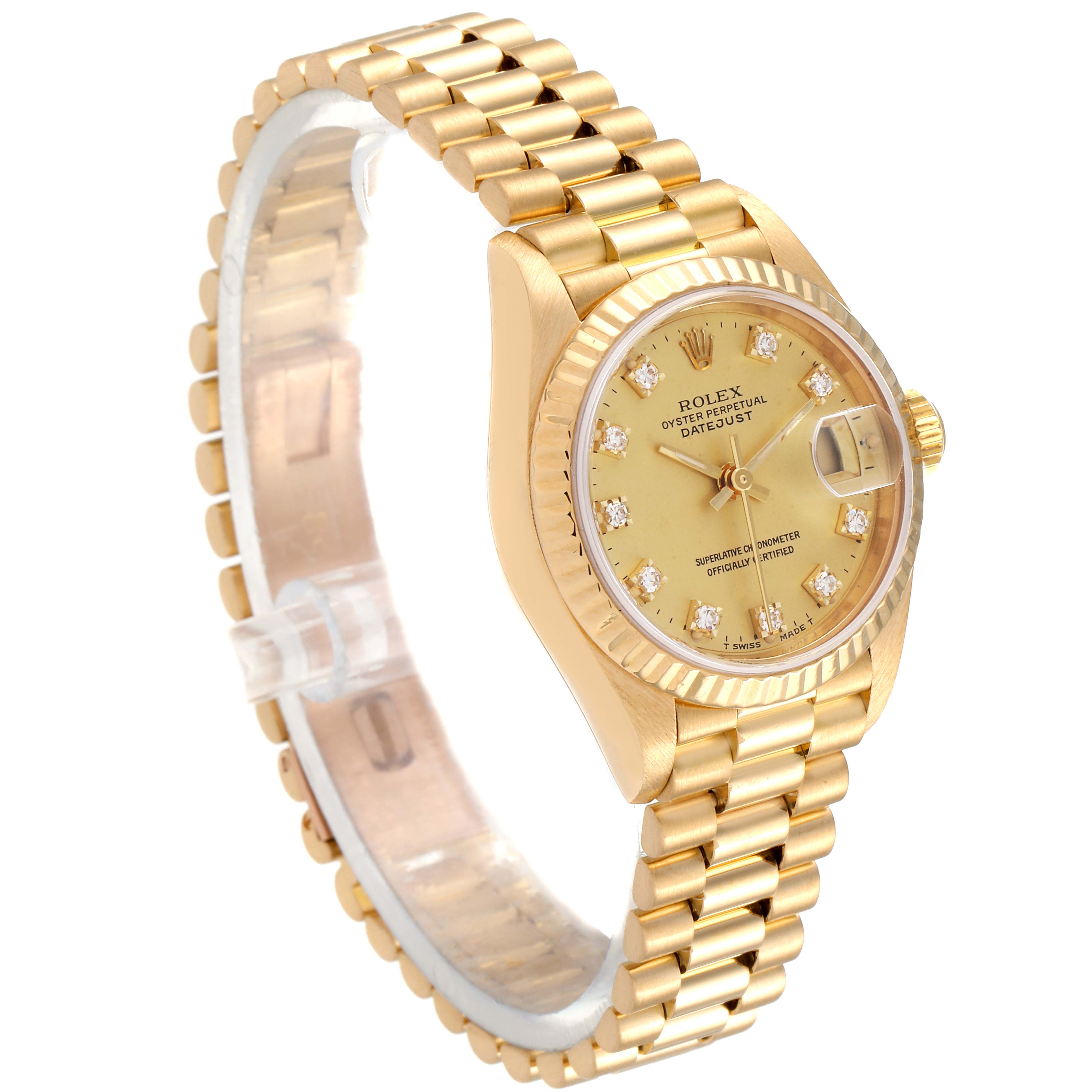 The image shows a Rolex President 69178 Women's Yellow Gold Champagne Dial 69178 Women's Yellow Gold Champagne Dial model watch at a slight angle, highlighting its gold bracelet, face, and bejeweled hour markers.