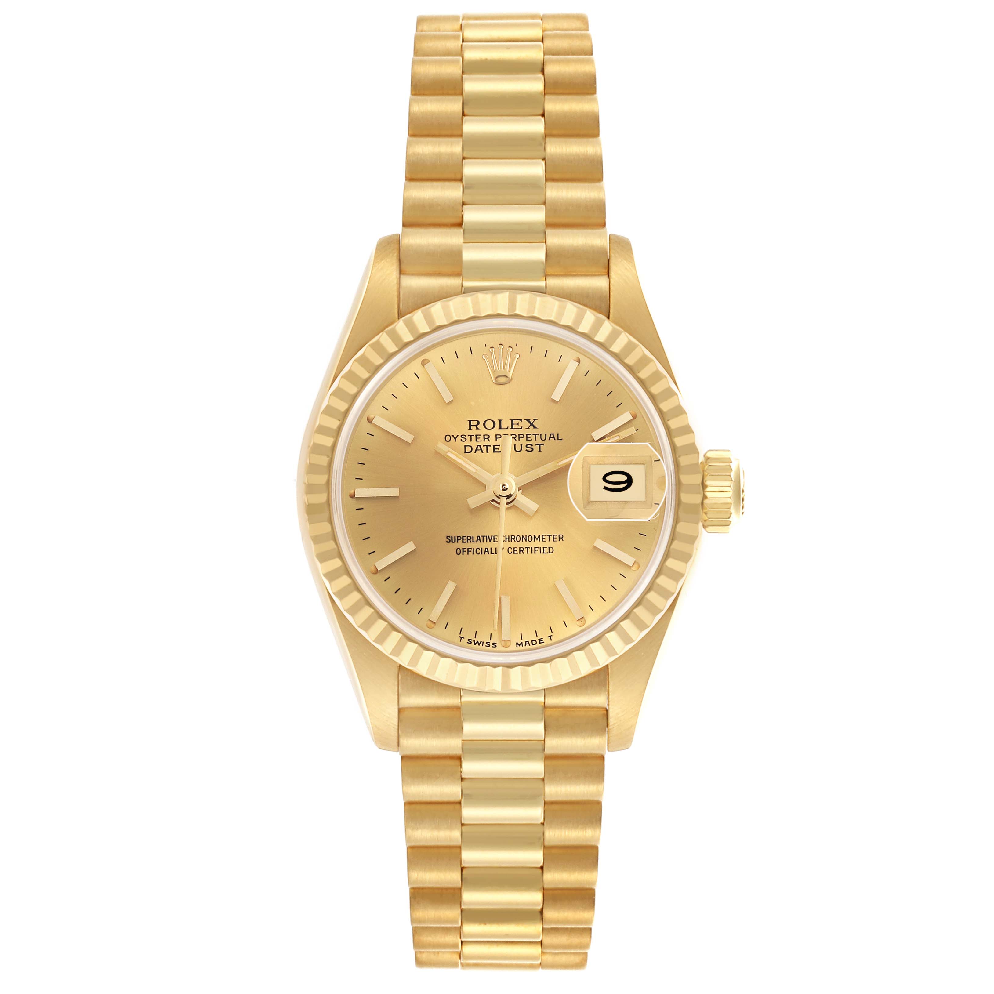 The Rolex President 69178 Women's Yellow Gold Champagne Dial model is shown from a top-down angle, displaying the dial, fluted bezel, and the full bracelet.