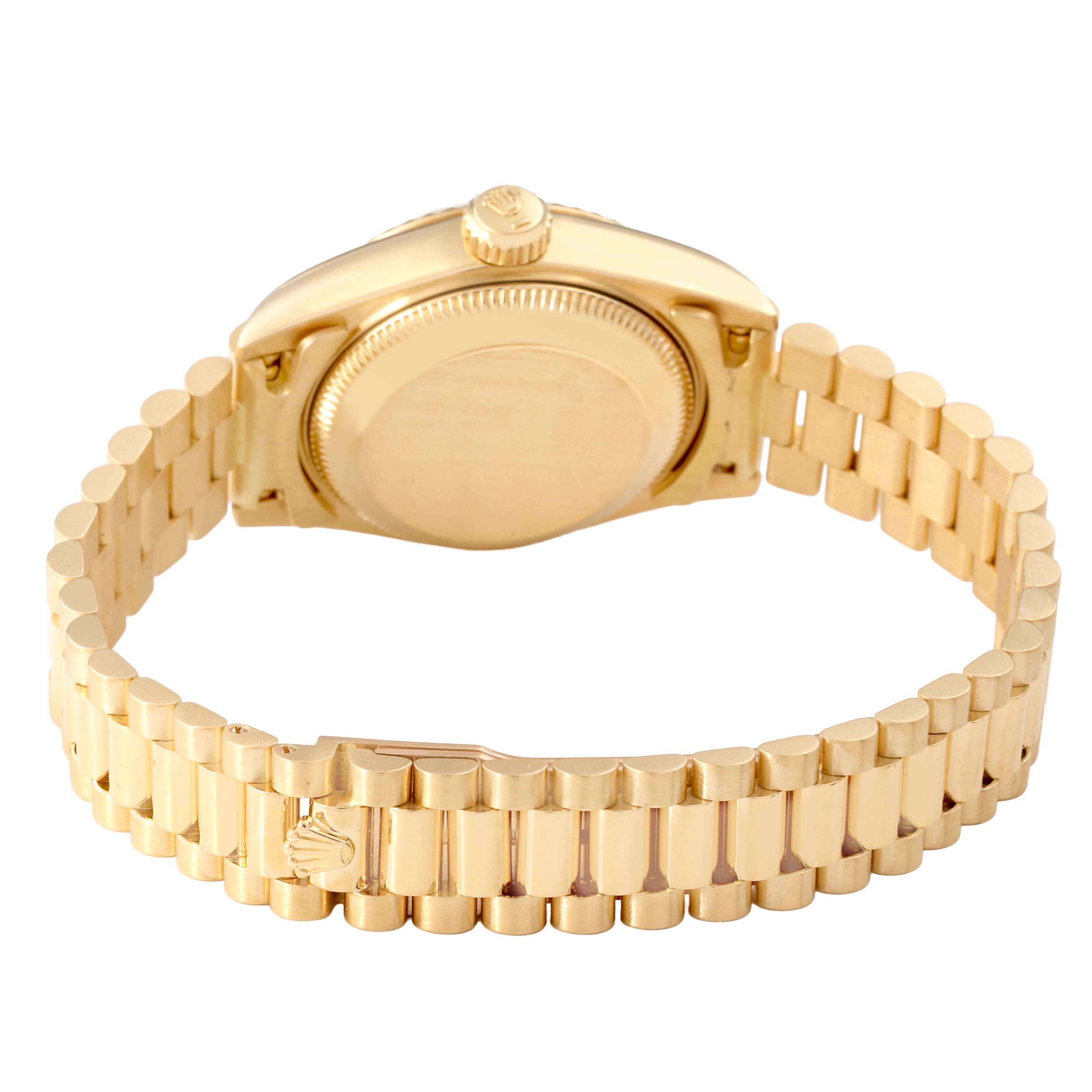 The Rolex President 69178 Women's Yellow Gold Champagne Dial model is shown from the back, highlighting the case back, crown, and bracelet clasp.
