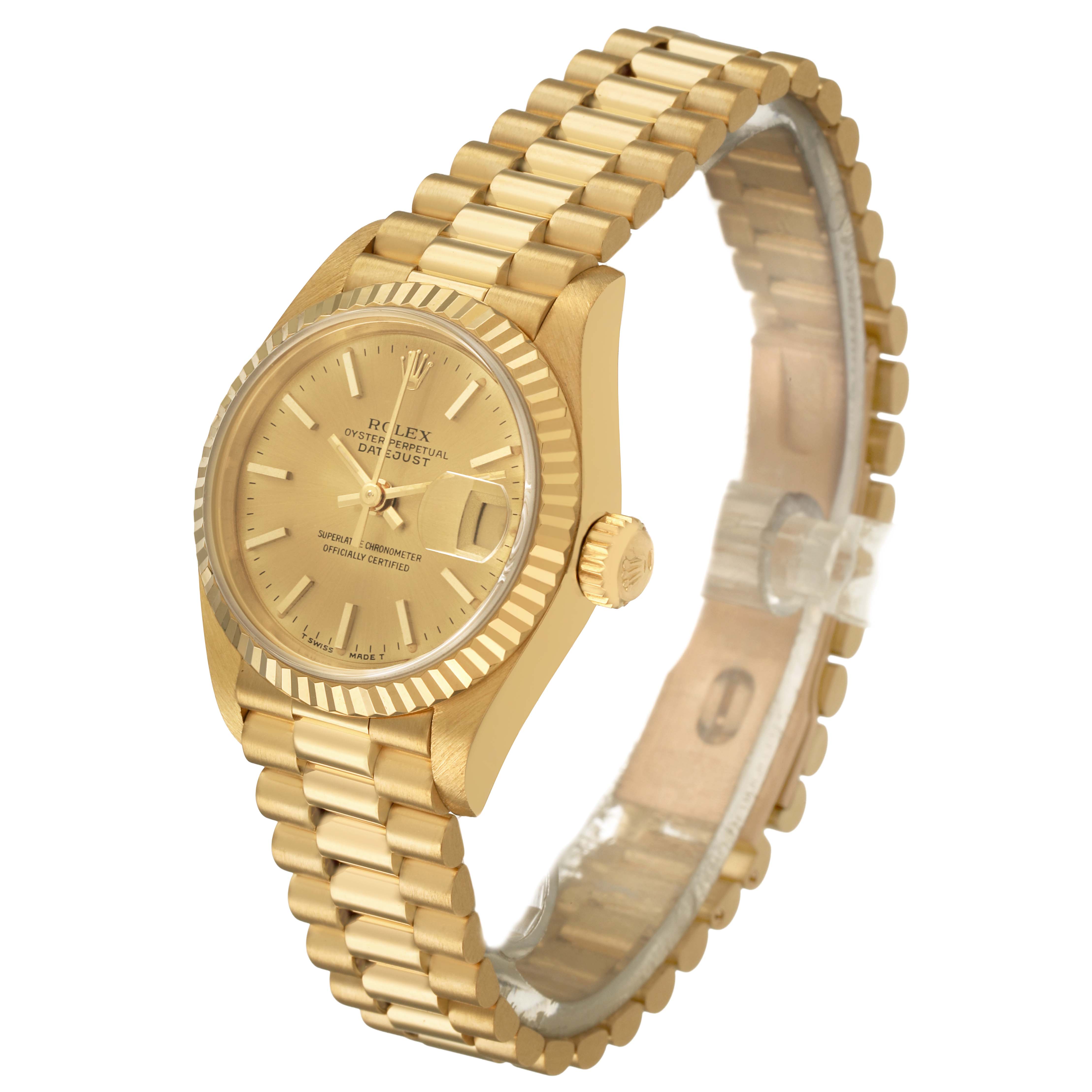 The Rolex President 69178 Women's Yellow Gold Champagne Dial model watch is shown at a three-quarter angle, highlighting the face, fluted bezel, crown, and bracelet.