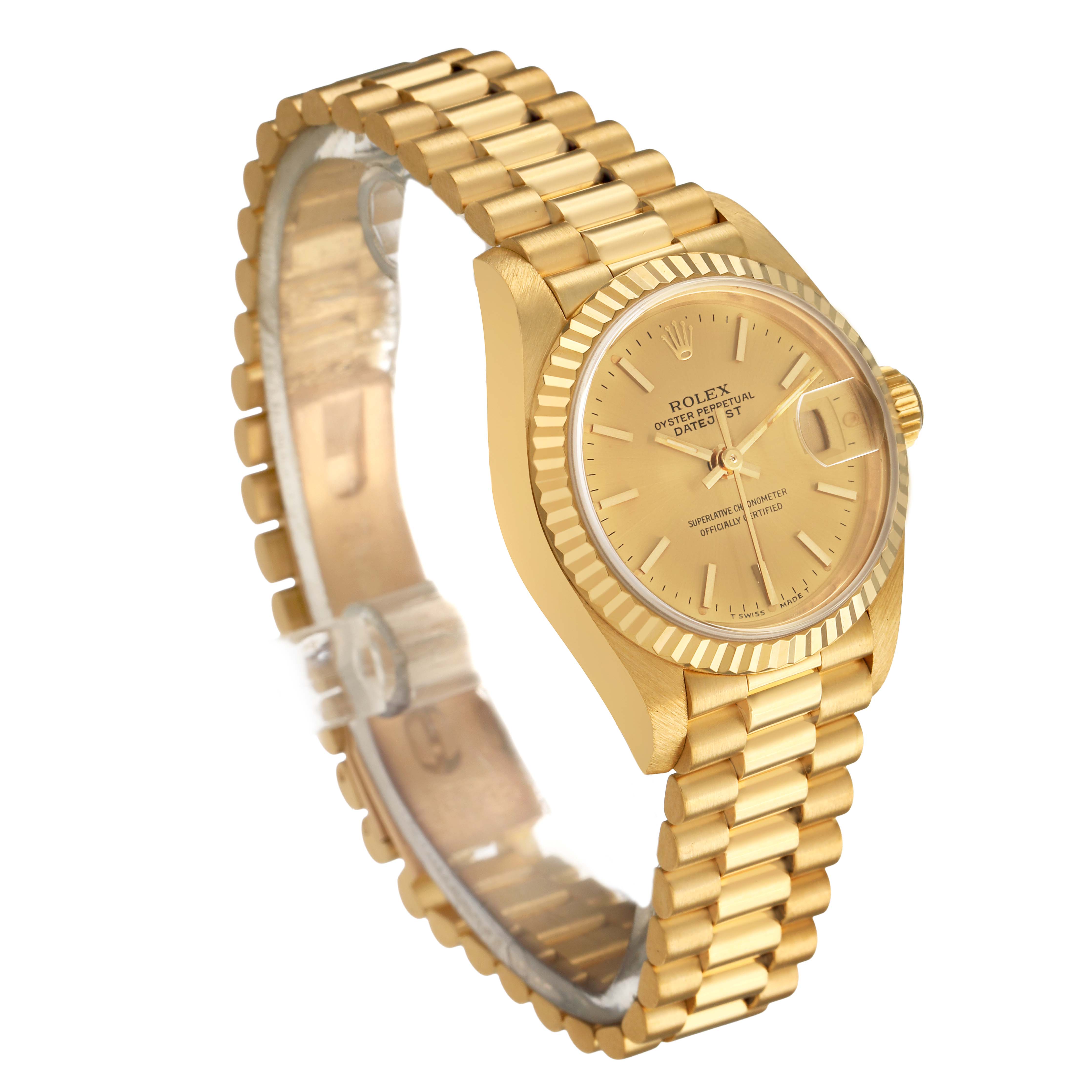 The image shows a Rolex President 69178 Women's Yellow Gold Champagne Dial watch at a slight angle, highlighting its gold-tone bracelet, bezel, and dial.