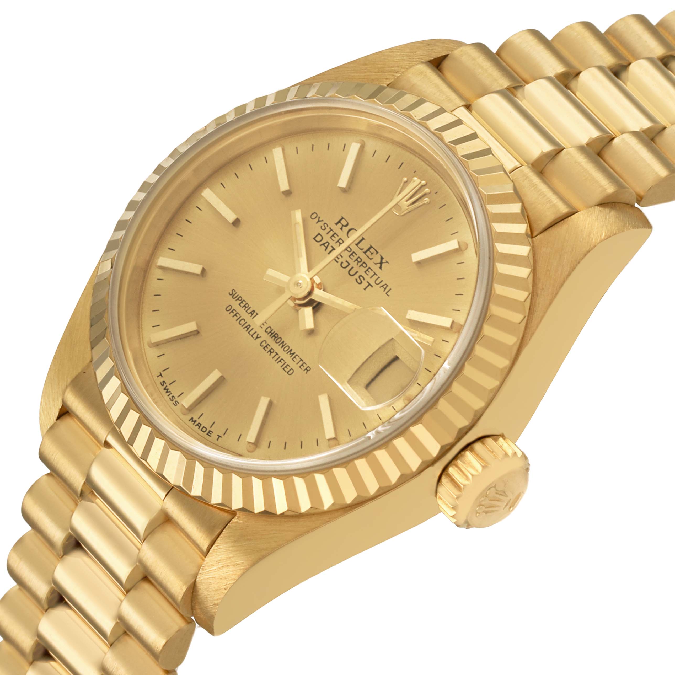 The image shows a side view of a Rolex President 69178 Women's Yellow Gold Champagne Dial watch, highlighting the gold dial, fluted bezel, crown, and part of the bracelet.