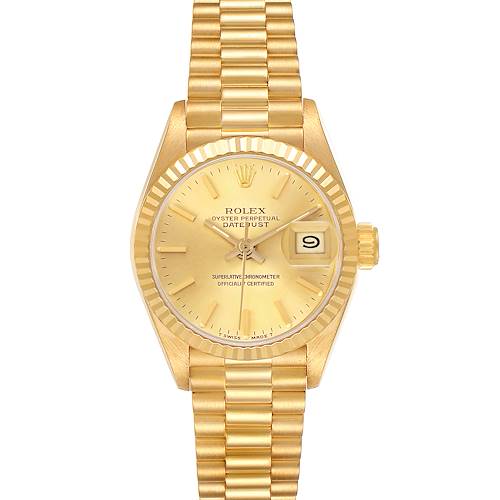 The Rolex President 69178 Men's Yellow Gold Champagne Dial model is shown from a front angle, highlighting the gold case, fluted bezel, dial, and day-date feature.