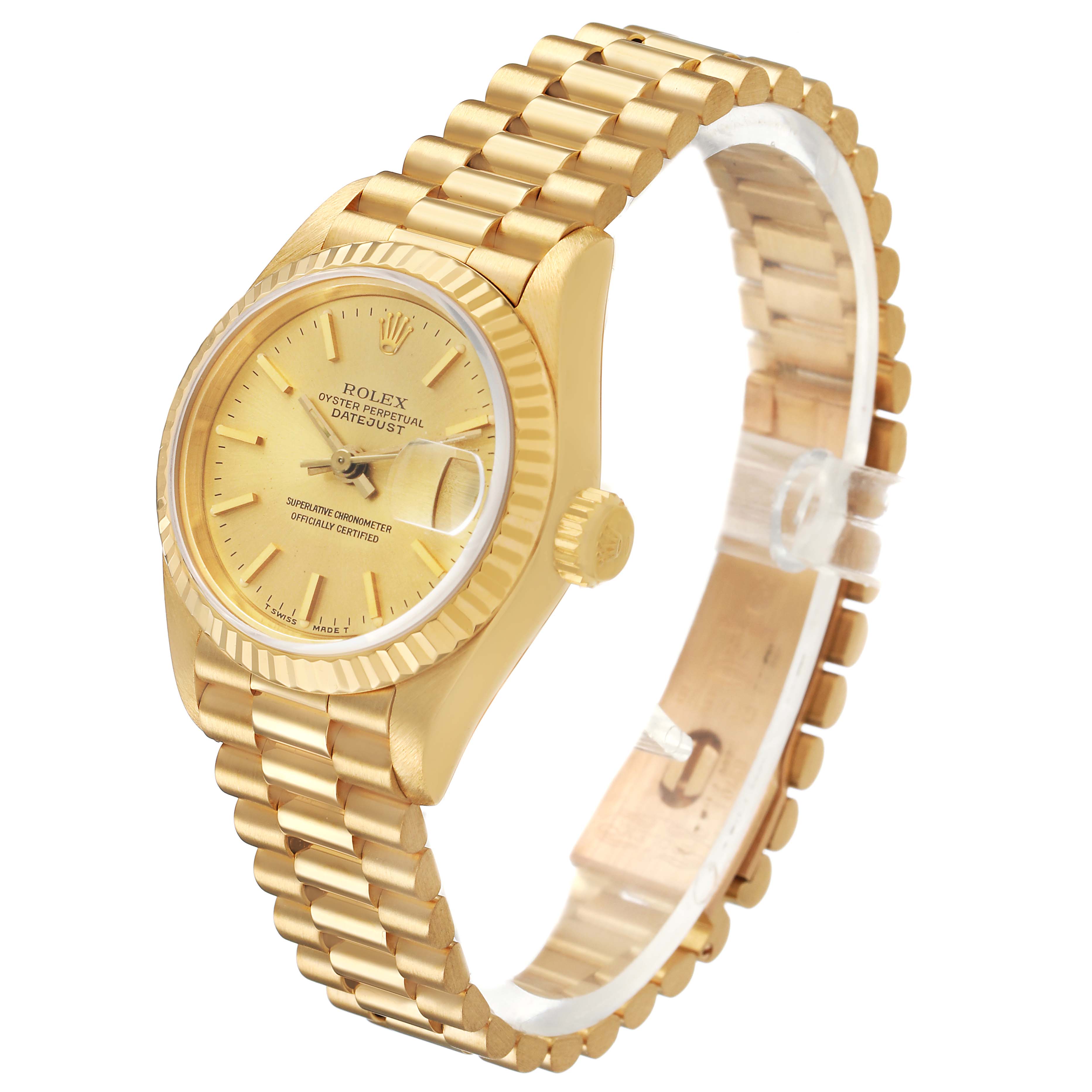 The Rolex President 69178 Men's Yellow Gold Champagne Dial model watch is shown at a slight diagonal angle, highlighting the dial, bezel, crown, and bracelet.
