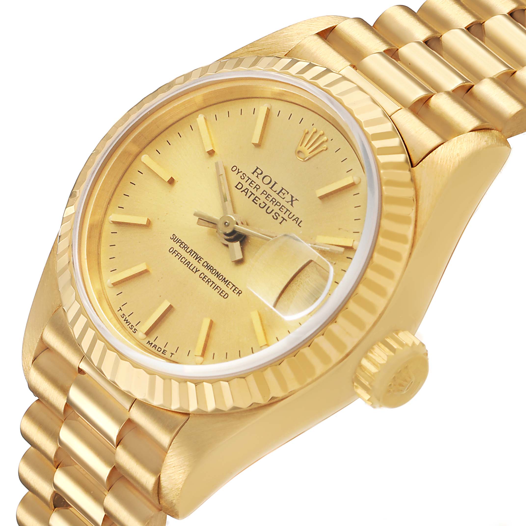 The Rolex President 69178 Men's Yellow Gold Champagne Dial model is shown at a slight angle, displaying the dial, bracelet, crown, and fluted bezel.