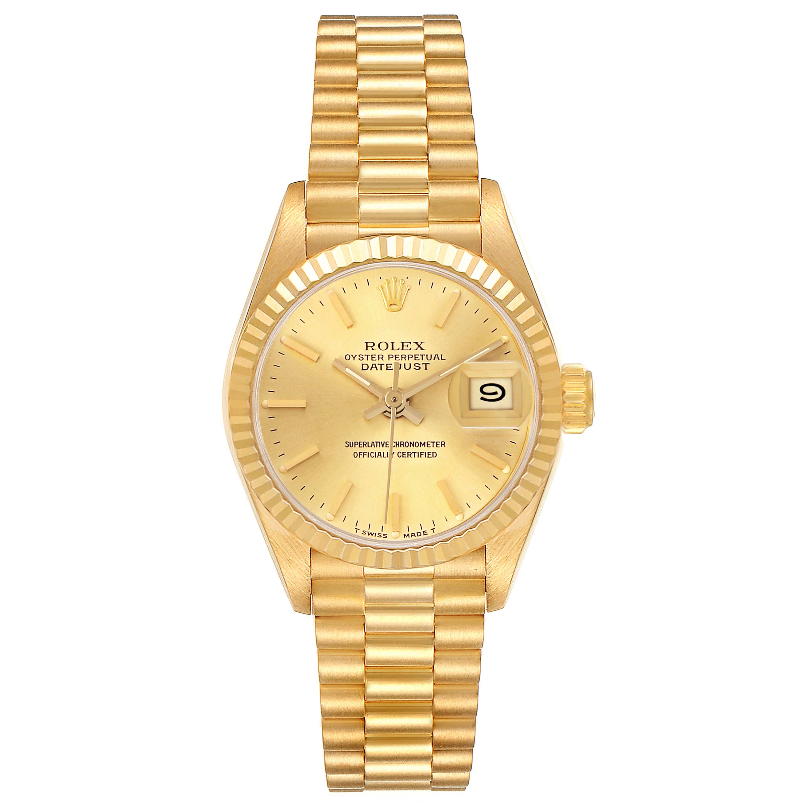 The image shows a frontal view of a Rolex President 69178 Men's Yellow Gold Champagne Dial model watch, highlighting its gold dial, fluted bezel, and President bracelet.