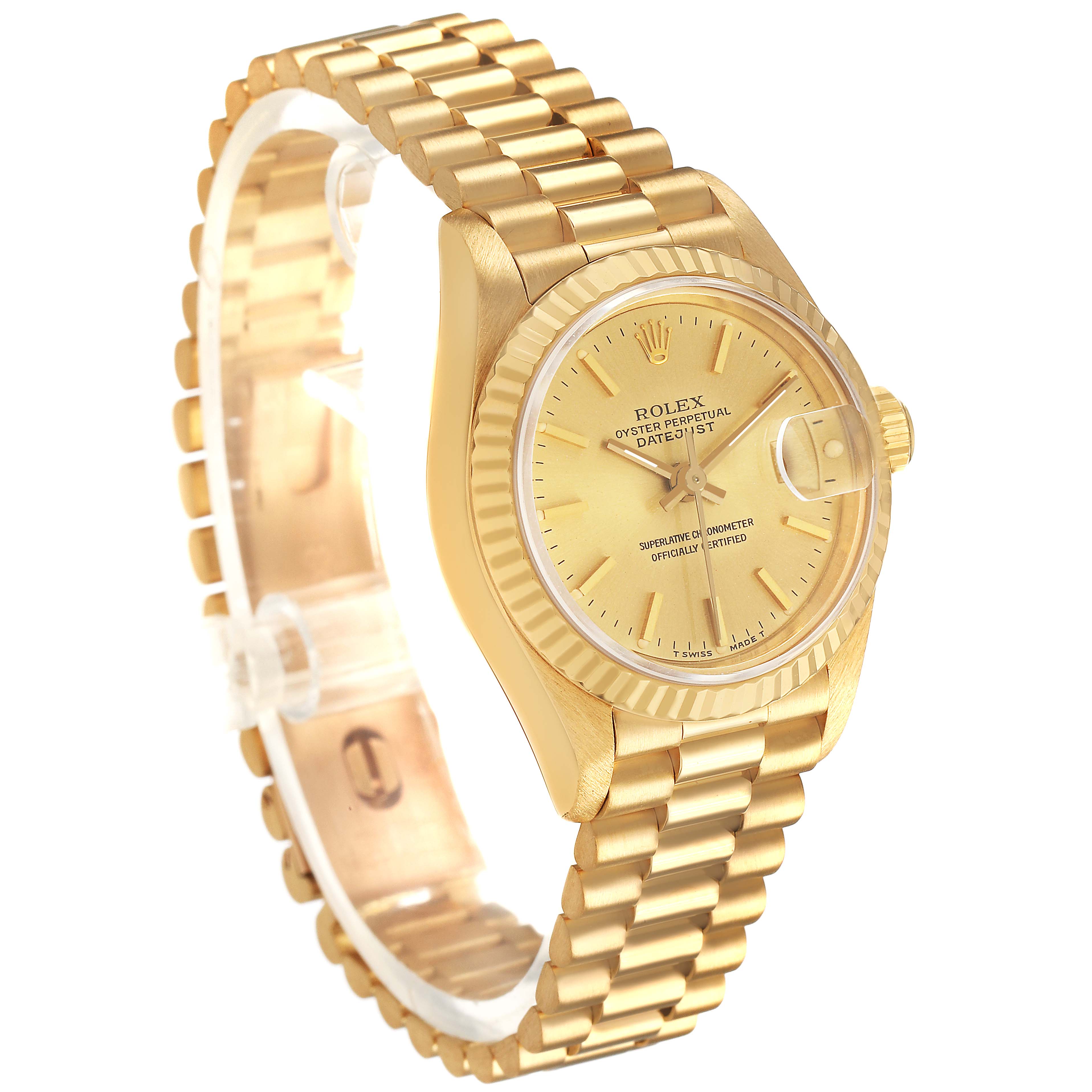 The Rolex President 69178 Men's Yellow Gold Champagne Dial model is shown at a three-quarter angle, highlighting the watch face, bezel, and bracelet.