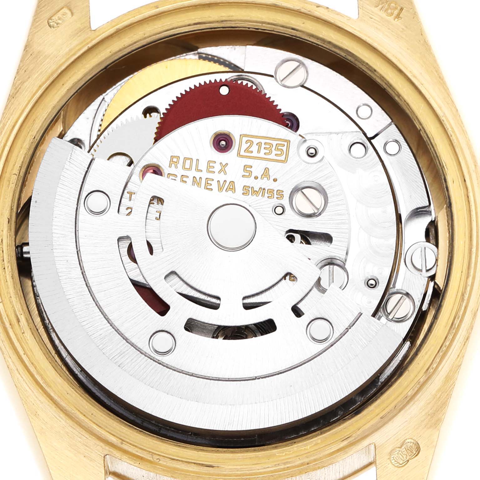 The image shows the internal mechanism of a Rolex President 69178 Men's Yellow Gold Champagne Dial model watch from a back angle, revealing its intricate components.