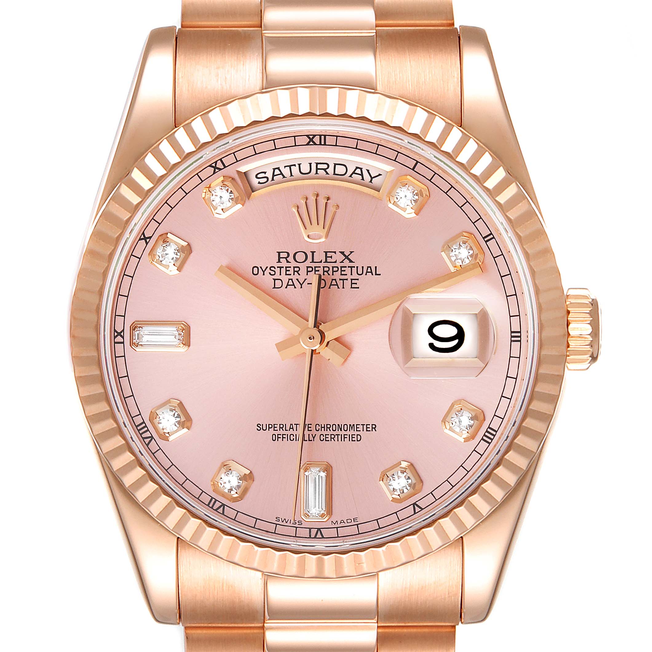 This image shows a front view of a Rolex President 118235 Men's Rose Gold Pink Dial 118235 Men's Rose Gold Pink Dial model watch, highlighting its pink dial, fluted bezel, and bracelet.