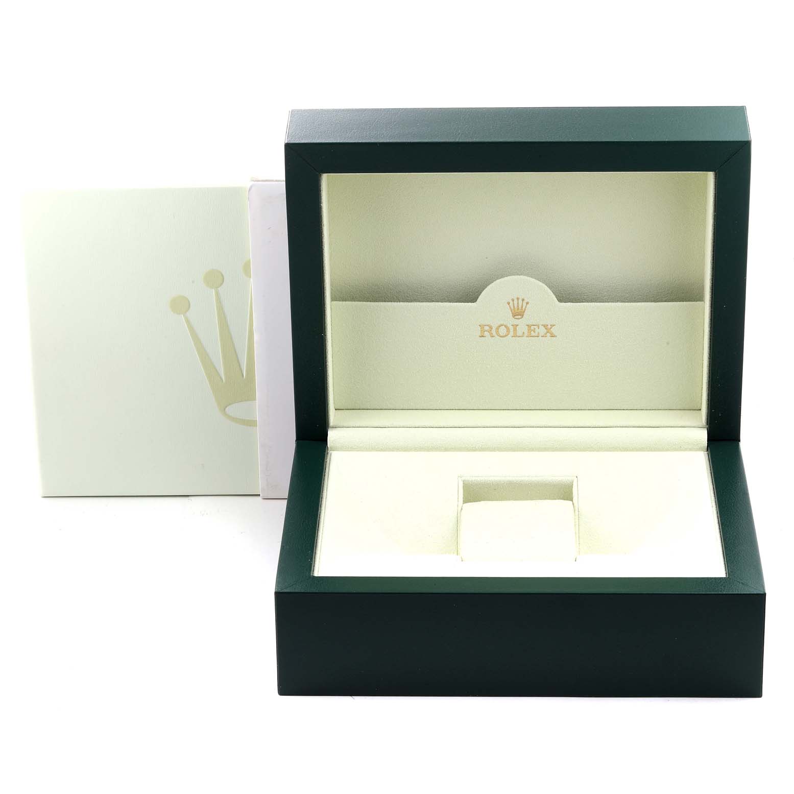 The image shows an empty Rolex President 118235 Men's Rose Gold Pink Dial 118235 Men's Rose Gold Pink Dial model watch box with its lid open, revealing the interior and the Rolex logo.