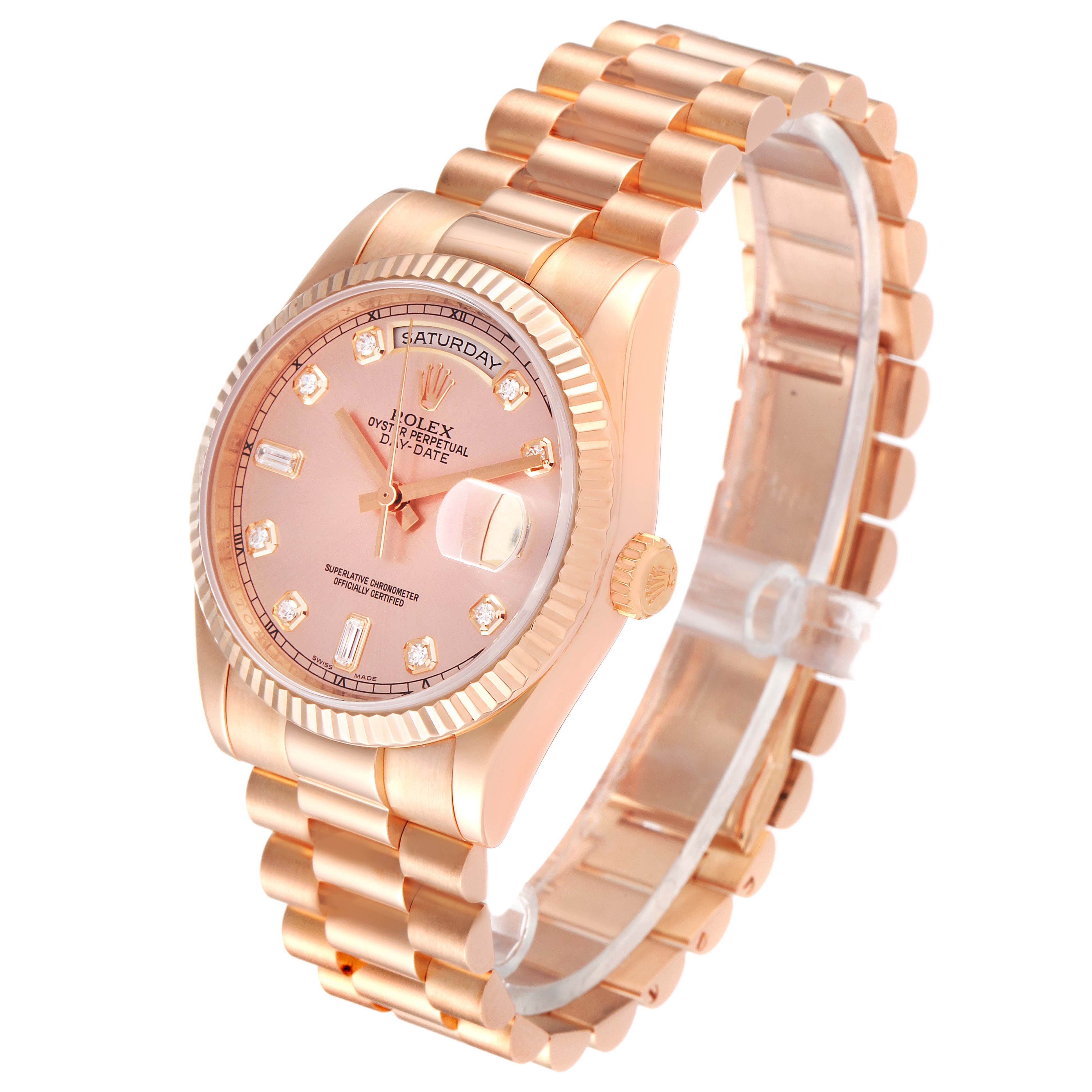 The image shows the Rolex President 118235 Men's Rose Gold Pink Dial 118235 Men's Rose Gold Pink Dial model watch from an angle that displays the dial, bracelet, case, and crown.