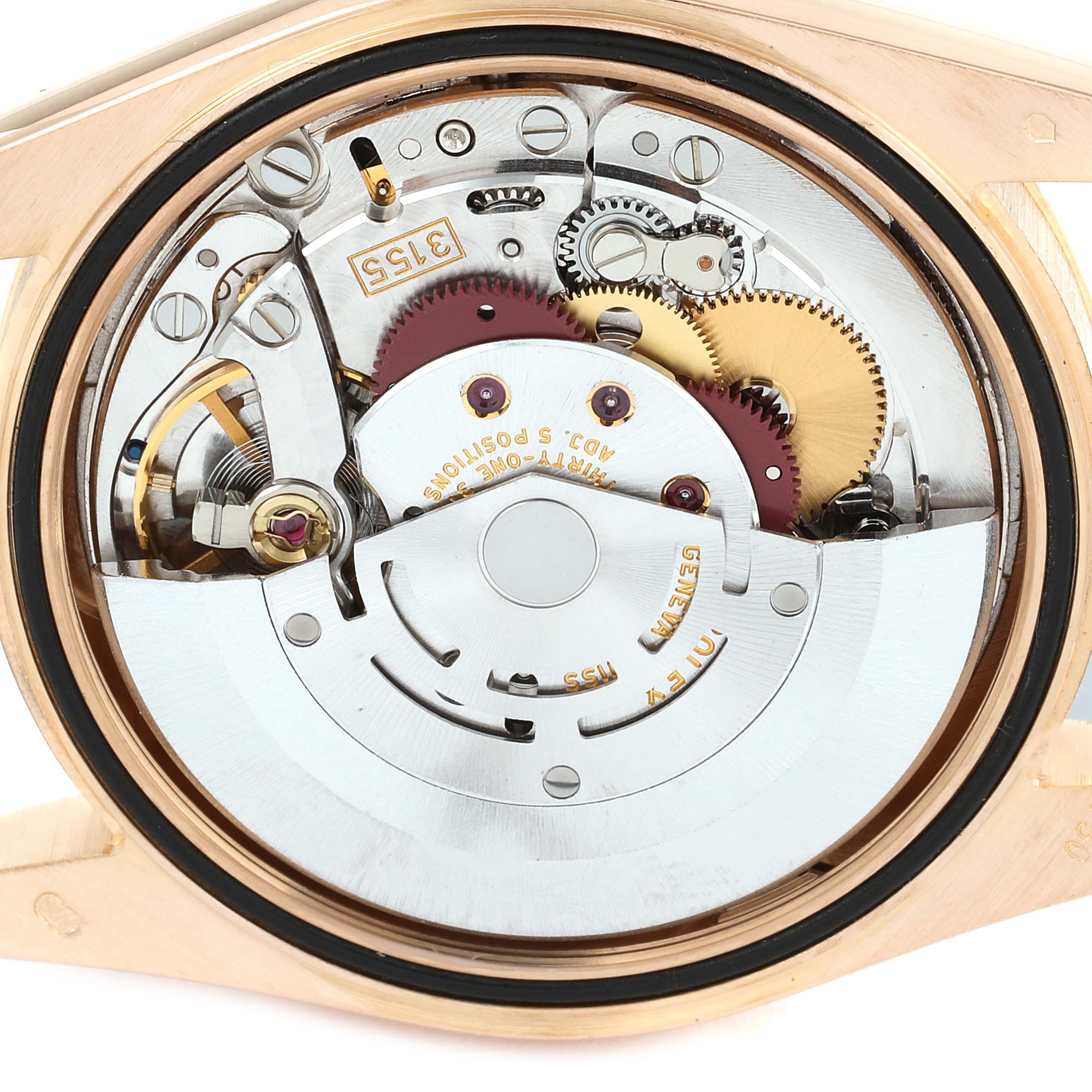 This image shows the internal mechanics and movement parts of a Rolex President 118235 Men's Rose Gold Pink Dial 118235 Men's Rose Gold Pink Dial model watch from the back angle.