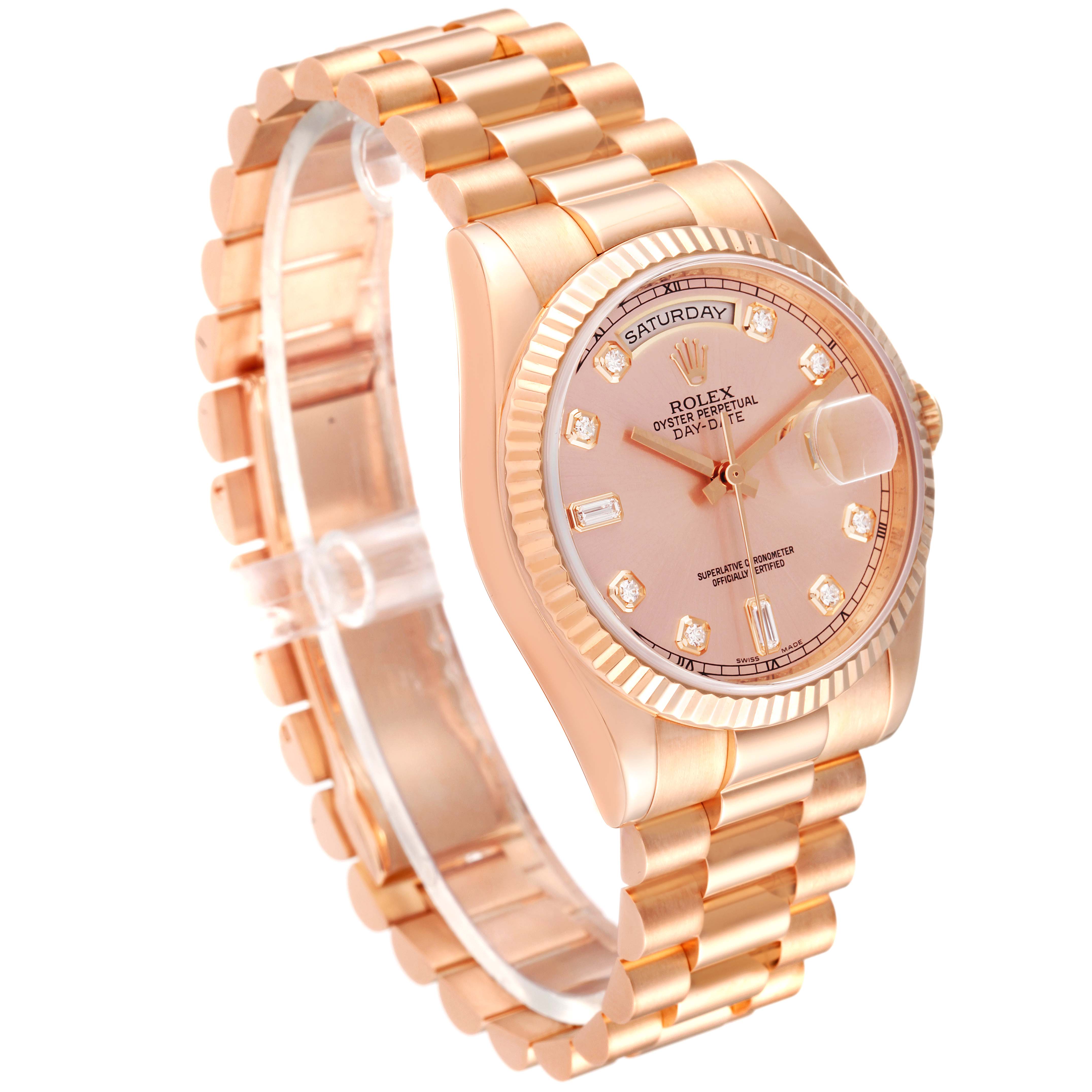 The image shows a side and front angle of a Rolex President 118235 Men's Rose Gold Pink Dial 118235 Men's Rose Gold Pink Dial model watch, highlighting its face, bezel, and bracelet.
