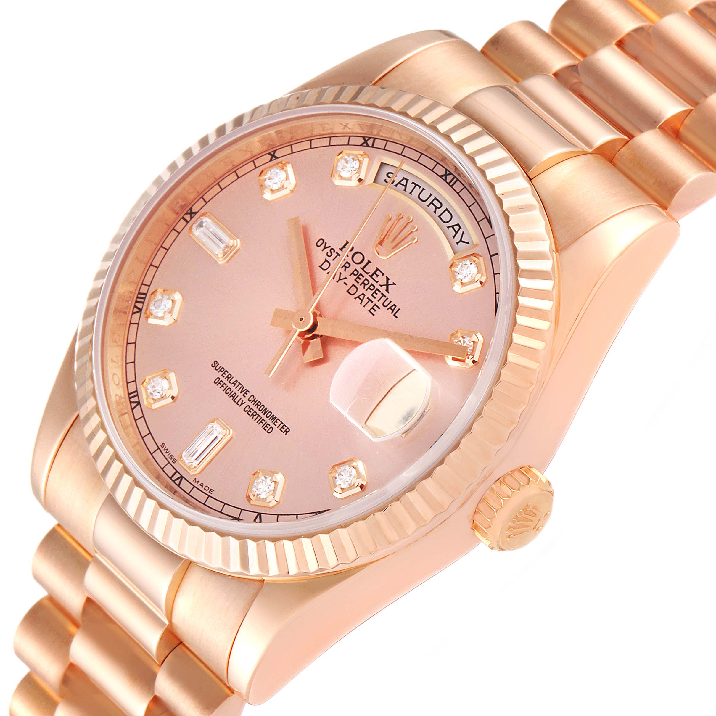 The image shows the Rolex President 118235 Men's Rose Gold Pink Dial 118235 Men's Rose Gold Pink Dial model watch at an angled close-up, highlighting the dial, crown, and bracelet.