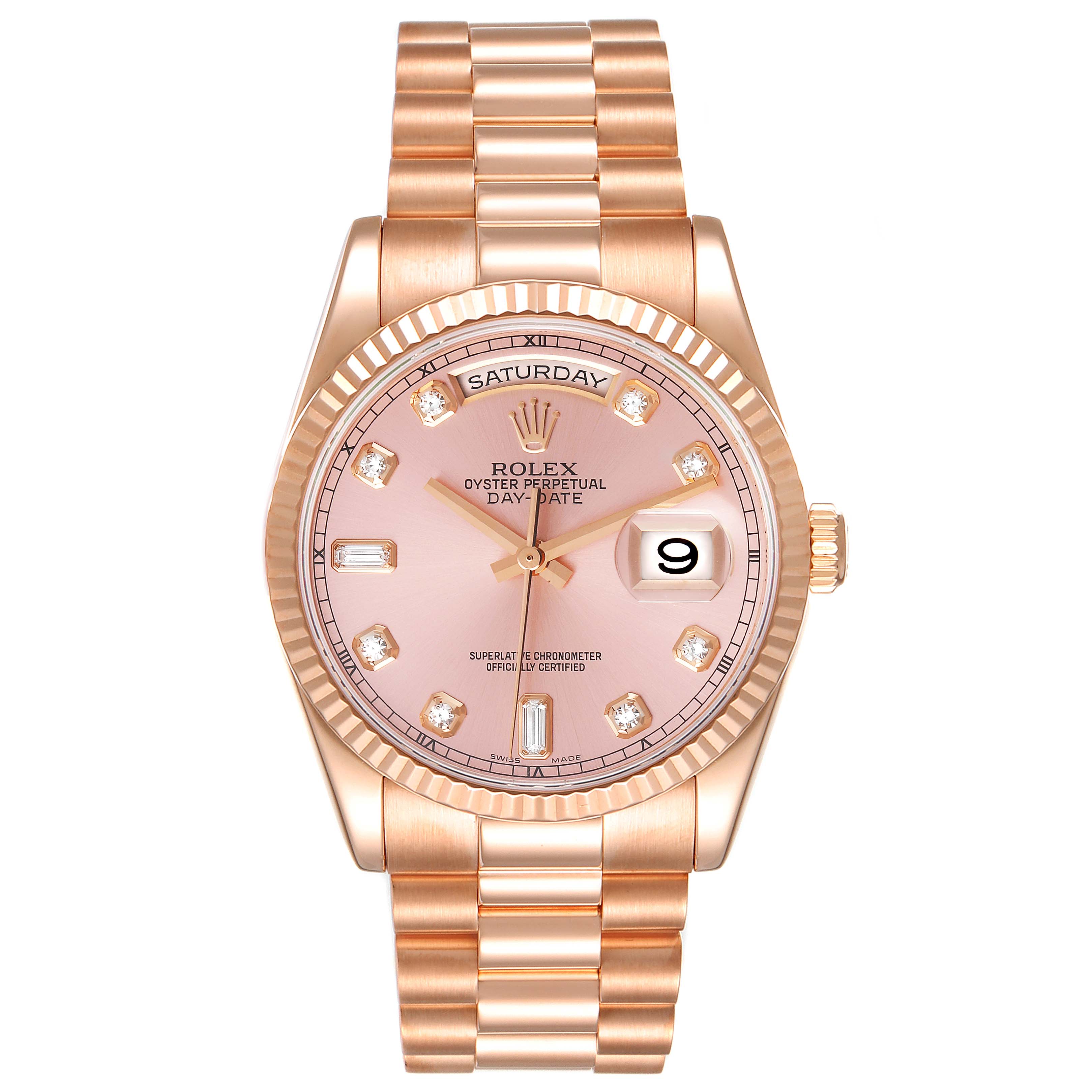 This image shows a frontal view of a Rolex President 118235 Men's Rose Gold Pink Dial 118235 Men's Rose Gold Pink Dial model watch, detailing the dial, bracelet, and crown.