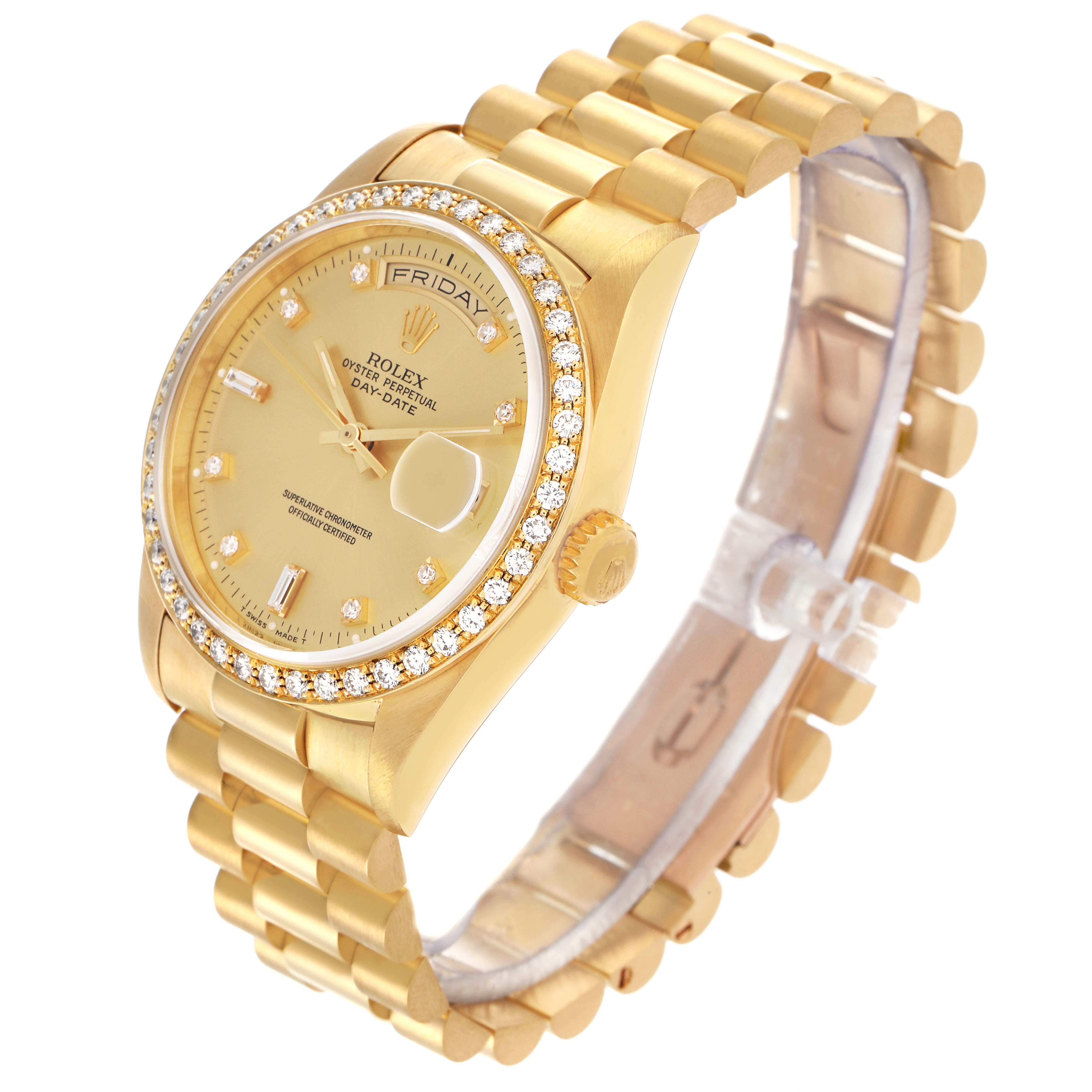 The Rolex President 18348 Men's Yellow Gold Champagne Dial 18348 Men's Yellow Gold Champagne Dial model watch is shown at a three-quarter angle, highlighting the face, bezel, crown, and bracelet.