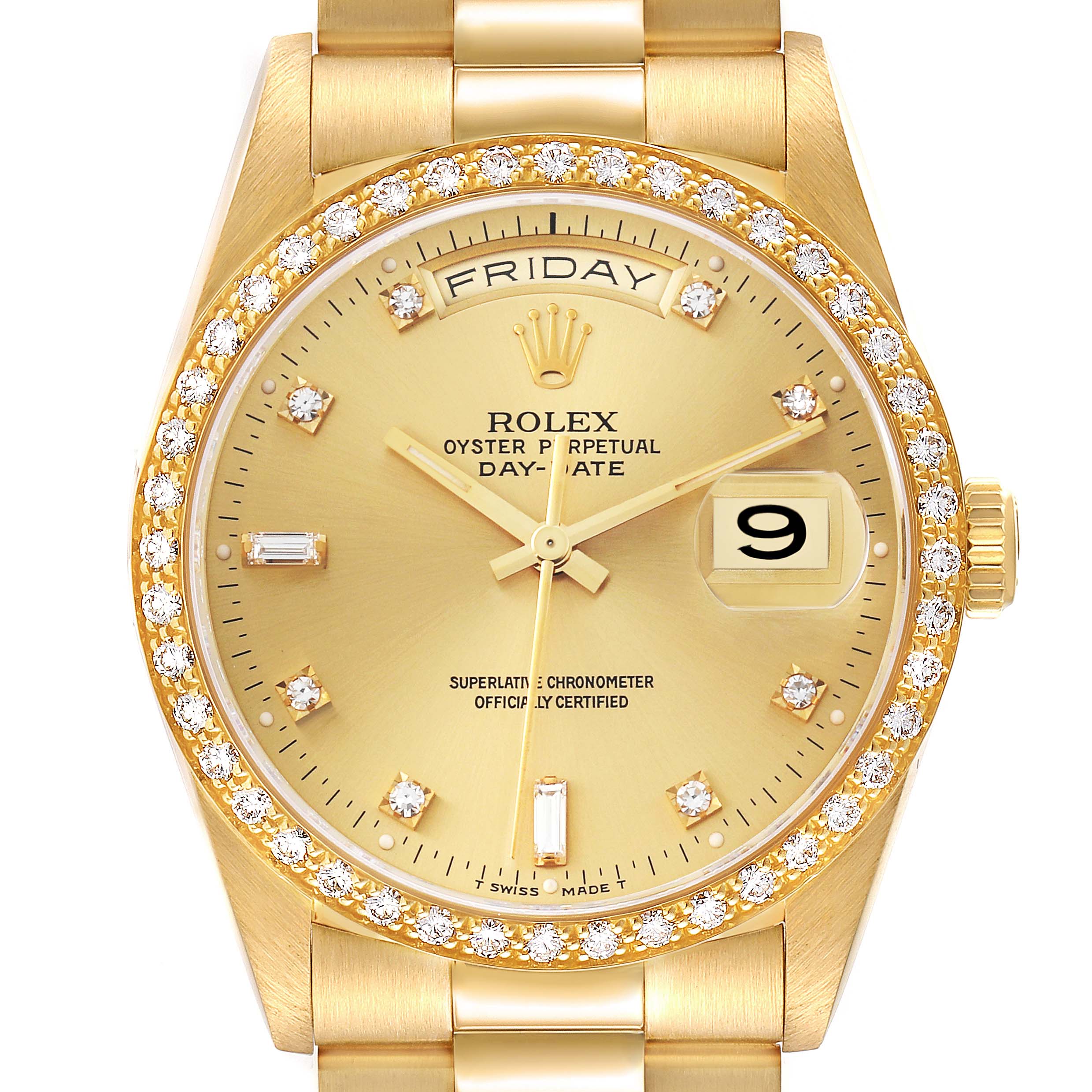 The Rolex President 18348 Men's Yellow Gold Champagne Dial 18348 Men's Yellow Gold Champagne Dial model is shown from a top-down angle featuring the dial, bezel, and part of the bracelet.