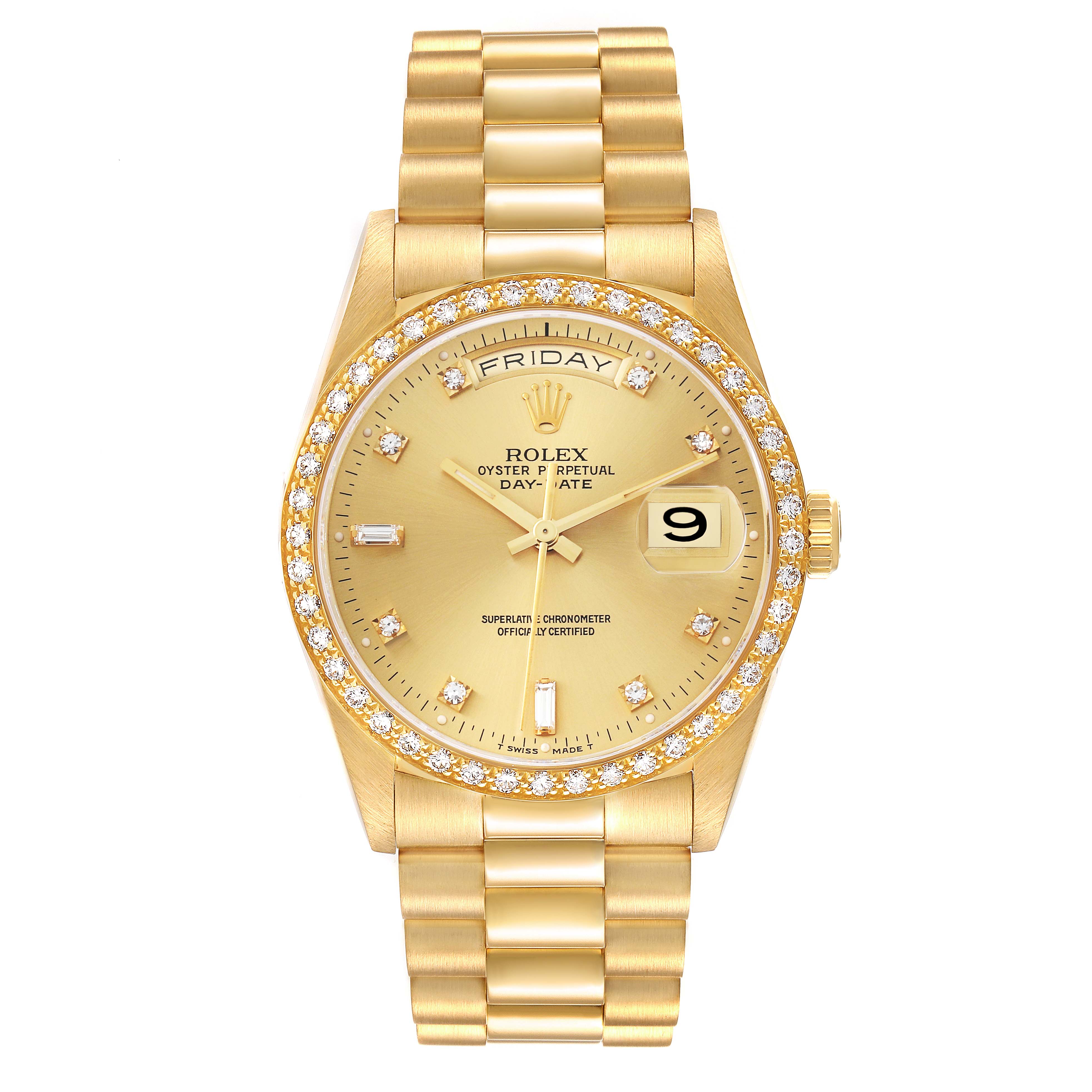 The Rolex President 18348 Men's Yellow Gold Champagne Dial 18348 Men's Yellow Gold Champagne Dial model watch is shown from a top-down angle, displaying the dial, bezel, and bracelet prominently.