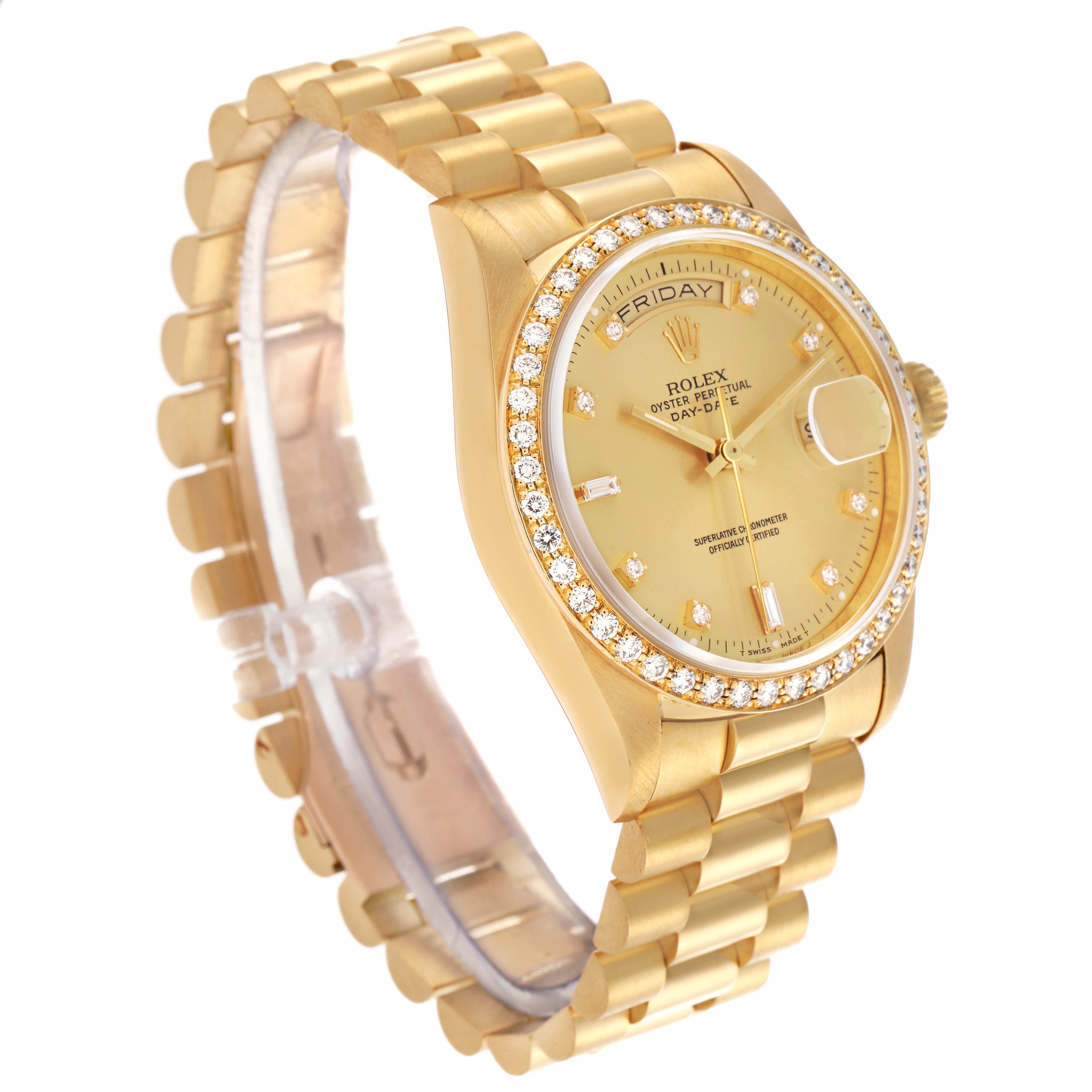 The Rolex President 18348 Men's Yellow Gold Champagne Dial 18348 Men's Yellow Gold Champagne Dial watch is shown at an angle highlighting the gold case, diamond bezel, dial, and the President bracelet.