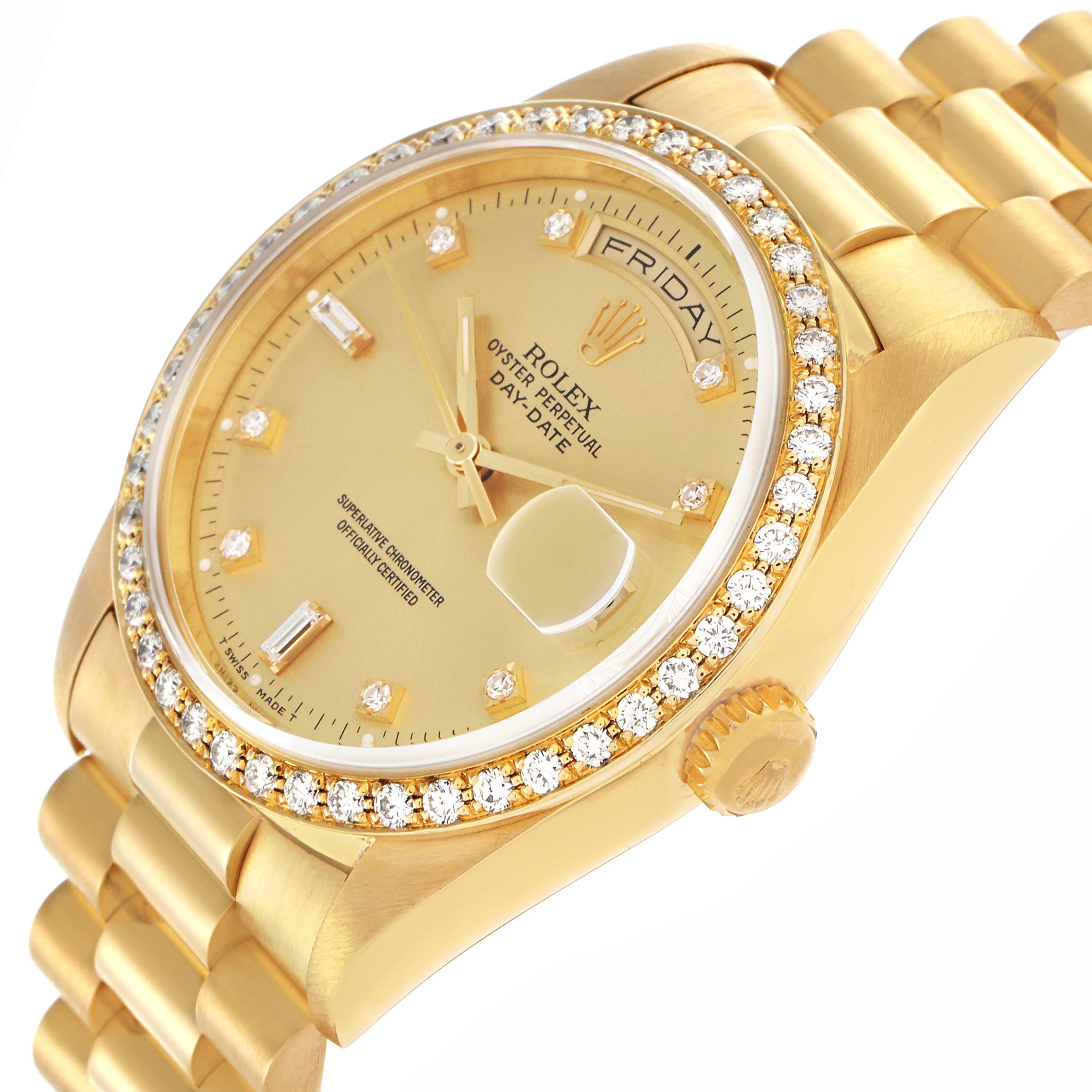 The Rolex President 18348 Men's Yellow Gold Champagne Dial 18348 Men's Yellow Gold Champagne Dial model is shown at a slight angle, displaying the full dial, diamond-set bezel, and part of the bracelet.