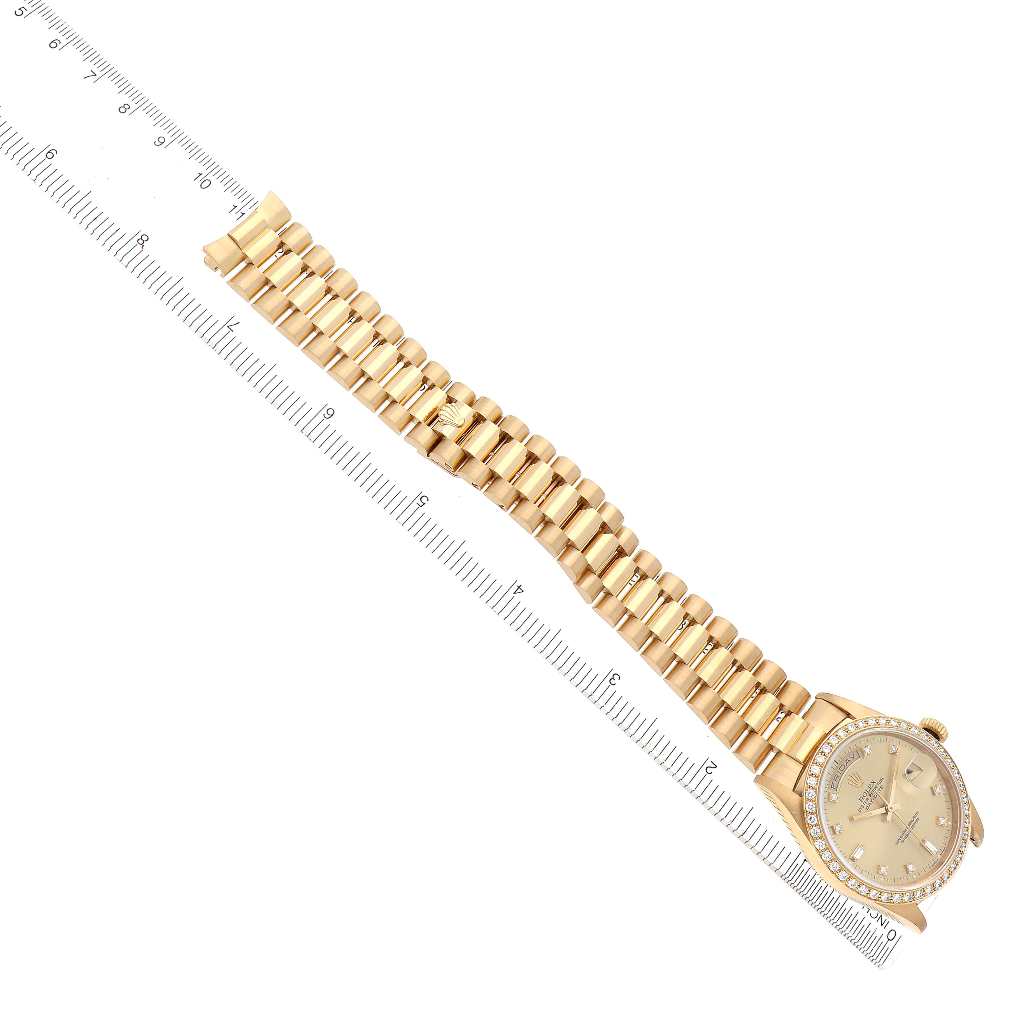 The image shows a top-down view of a Rolex President 18348 Men's Yellow Gold Champagne Dial 18348 Men's Yellow Gold Champagne Dial model watch, highlighting its gold bracelet and bezeled dial.