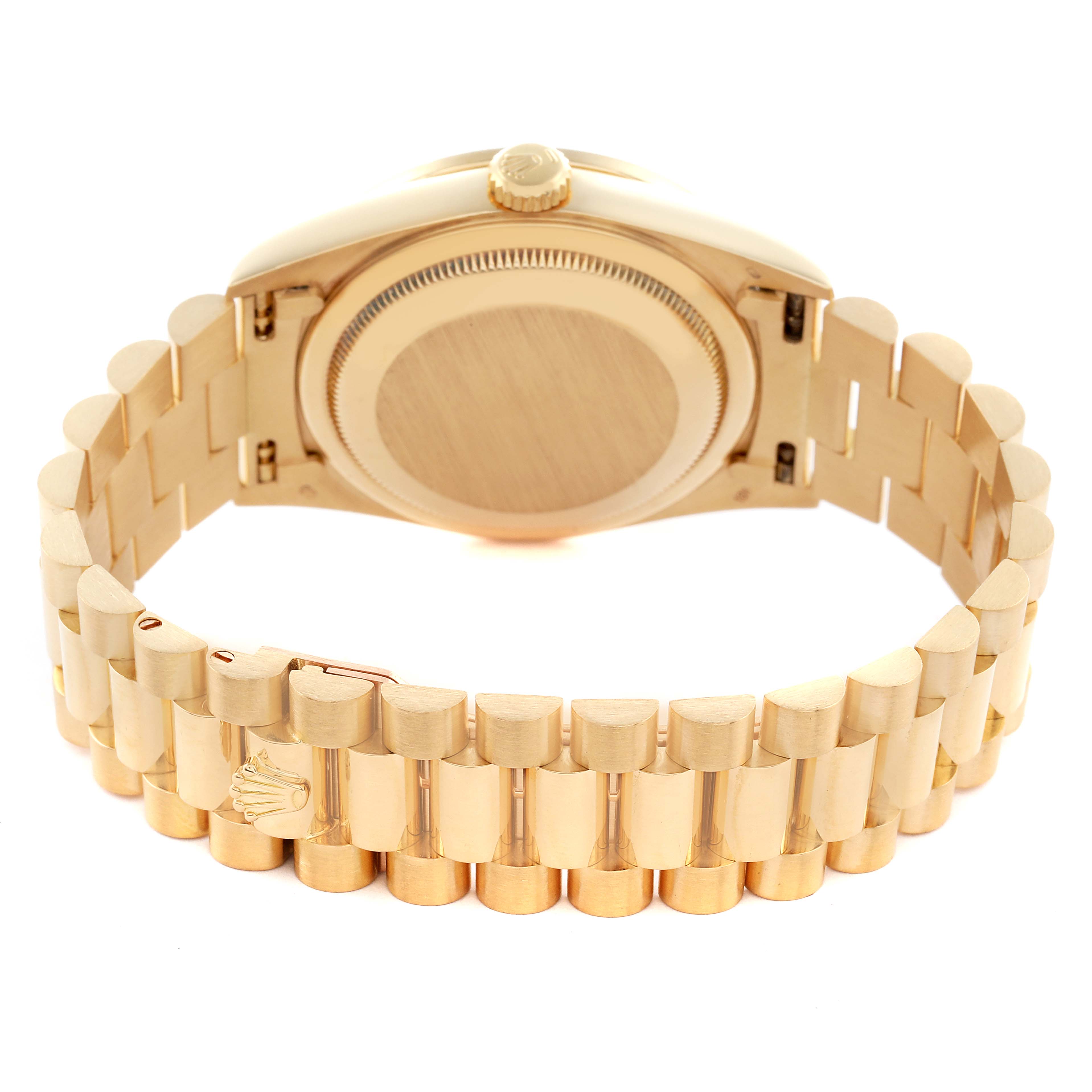 The image shows the back of a Rolex President 18348 Men's Yellow Gold Champagne Dial 18348 Men's Yellow Gold Champagne Dial model watch, highlighting the case back and bracelet clasp.