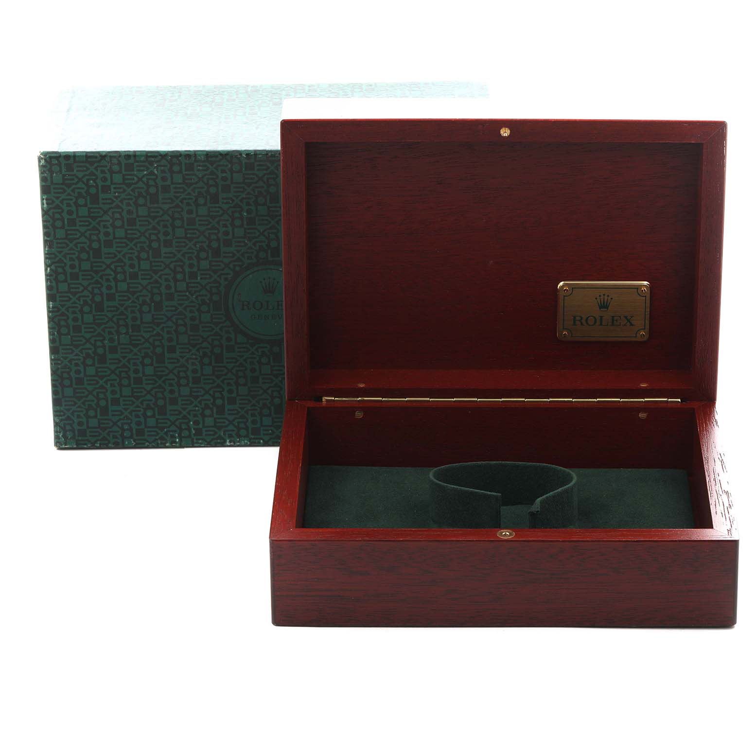 The image shows an open wooden box for a Rolex President 18348 Men's Yellow Gold Champagne Dial 18348 Men's Yellow Gold Champagne Dial model, featuring the interior with a green cushion and an exterior Rolex logo.