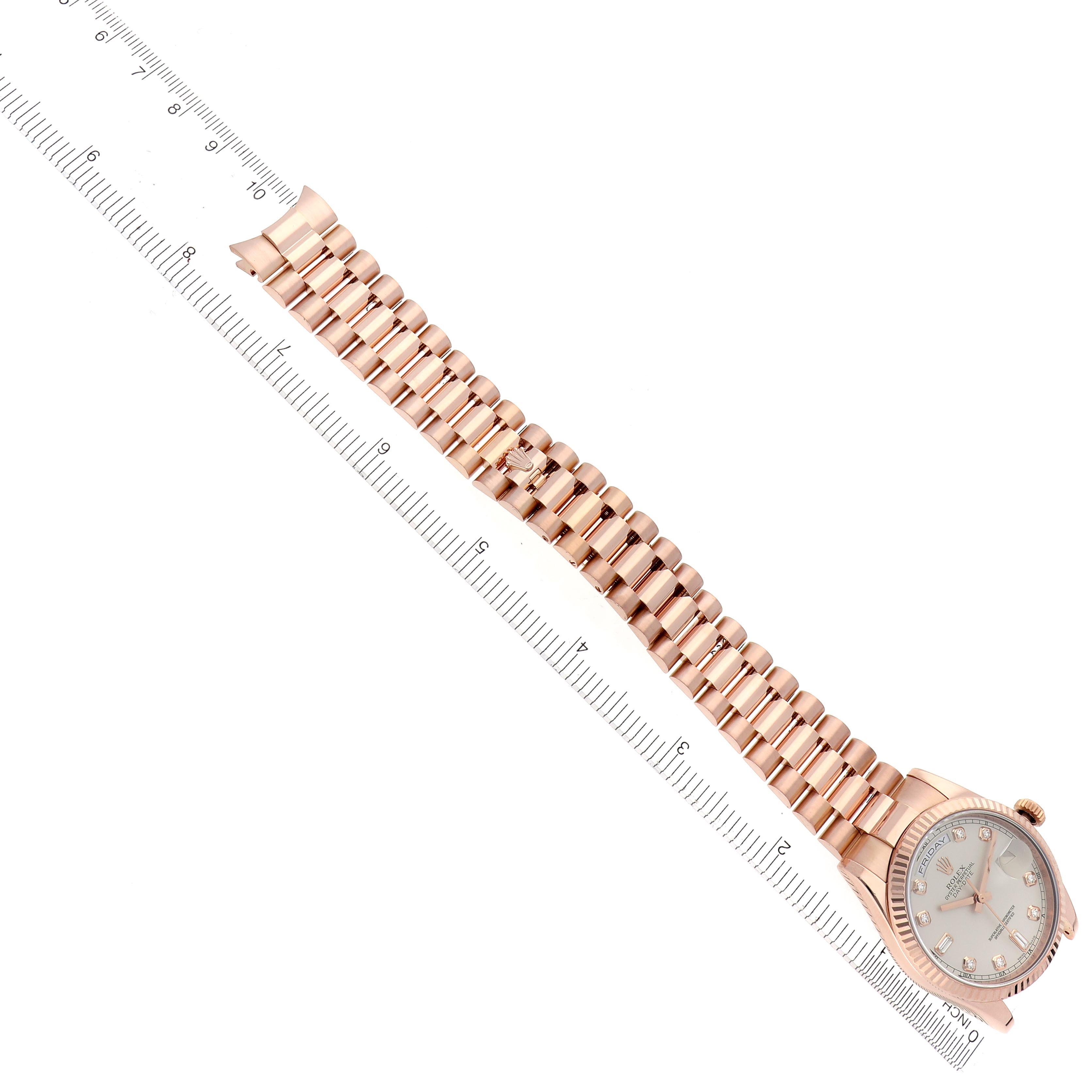 The image shows a Rolex President 118235 Men's Rose Gold Silver Dial 118235 Men's Rose Gold Silver Dial model watch laid flat with its bracelet extended alongside a ruler.