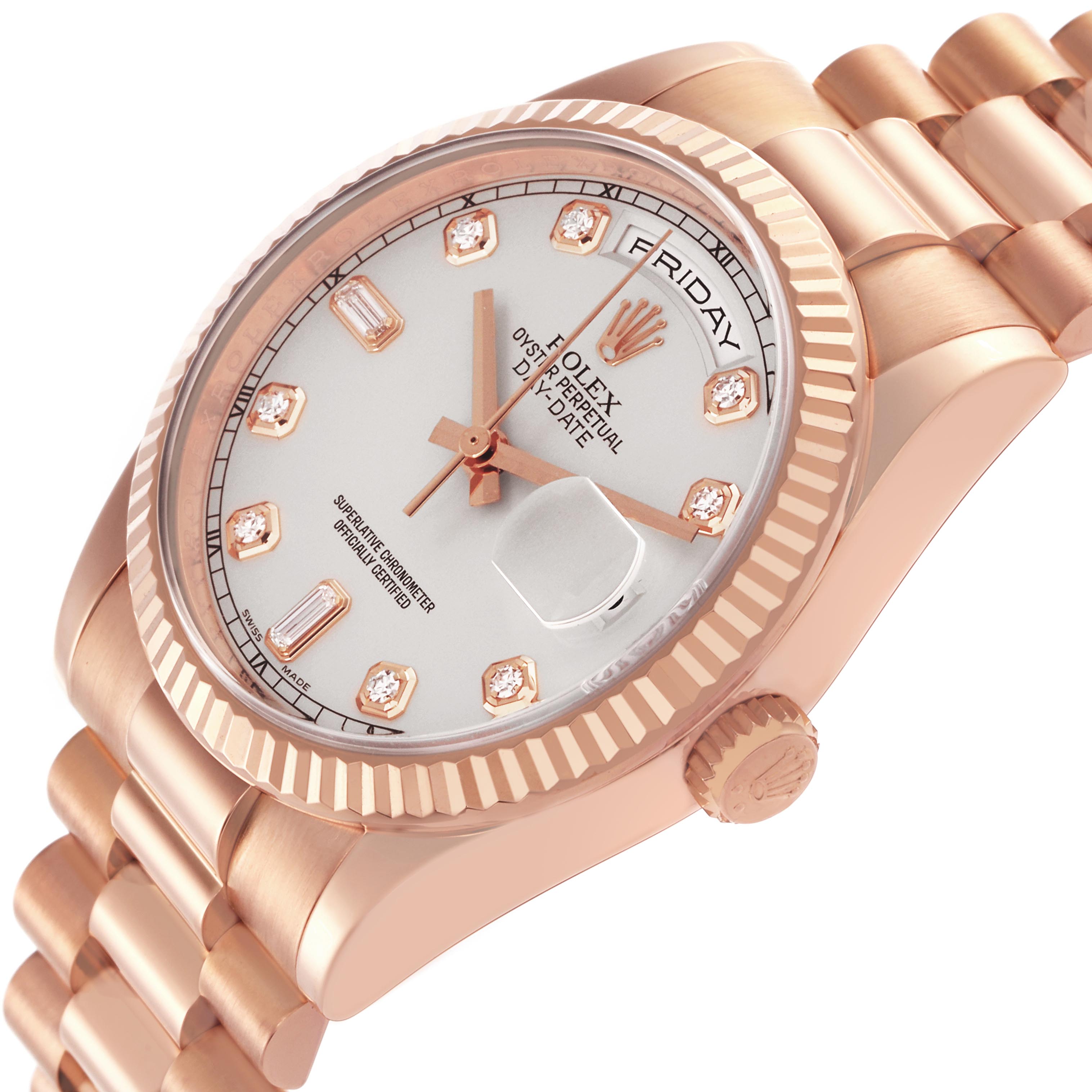 The Rolex President 118235 Men's Rose Gold Silver Dial 118235 Men's Rose Gold Silver Dial model is shown at an angled view, highlighting the bracelet, fluted bezel, and diamond-studded dial.