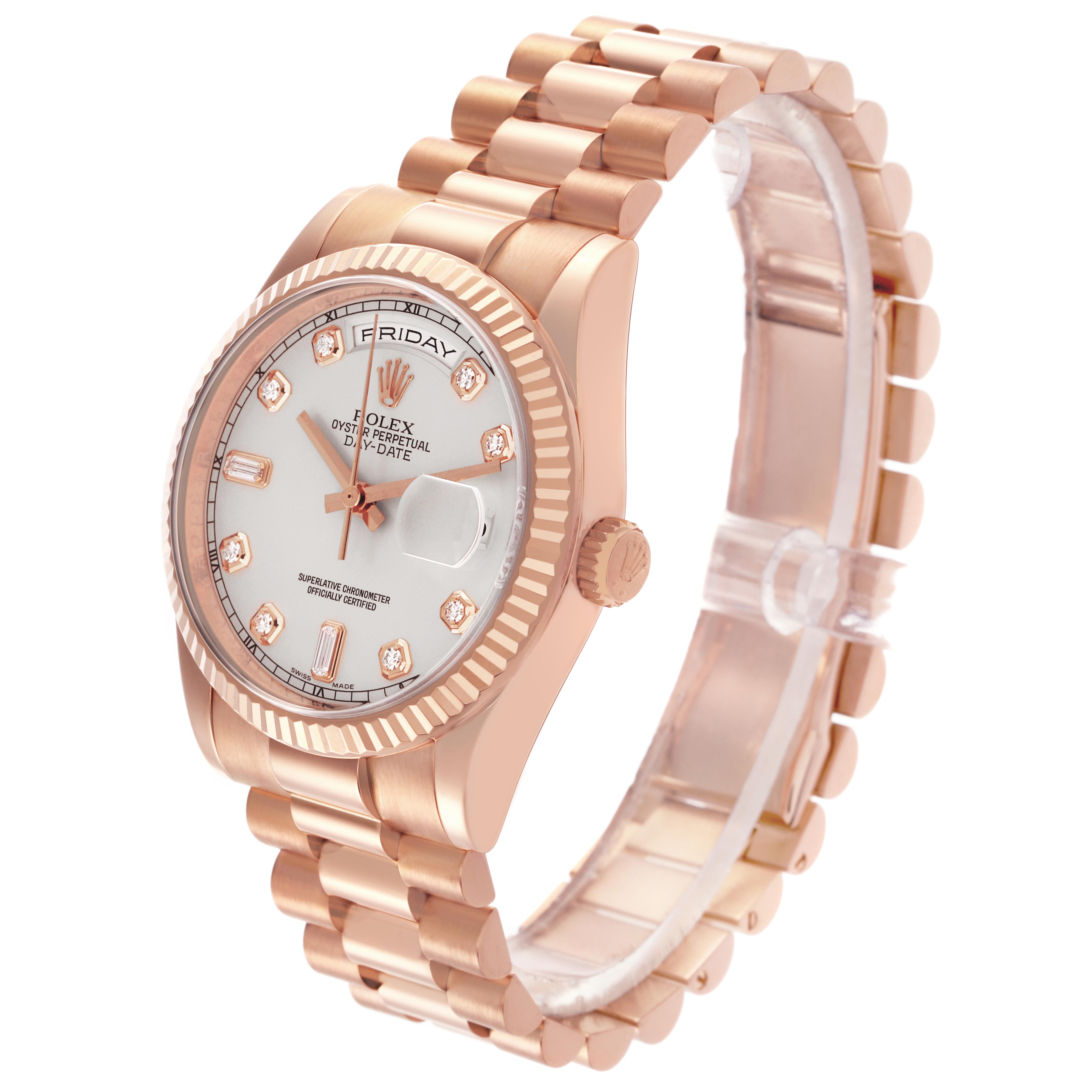 The Rolex President 118235 Men's Rose Gold Silver Dial 118235 Men's Rose Gold Silver Dial model watch is shown at a slight angle, displaying the face, bezel, crown, and bracelet.