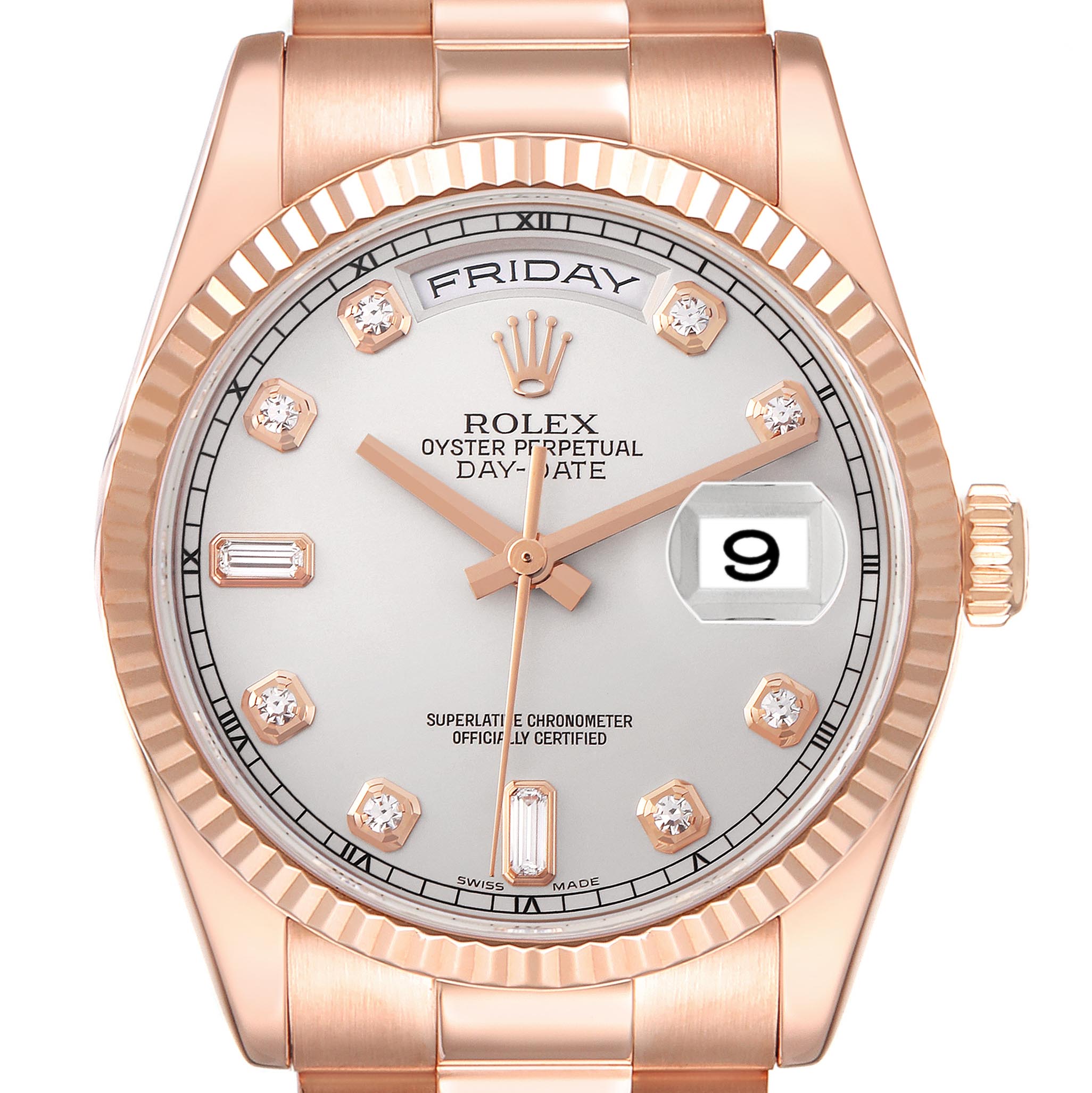 The Rolex President 118235 Men's Rose Gold Silver Dial 118235 Men's Rose Gold Silver Dial model watch is shown from a front angle, displaying the dial, day-date features, and bezel.