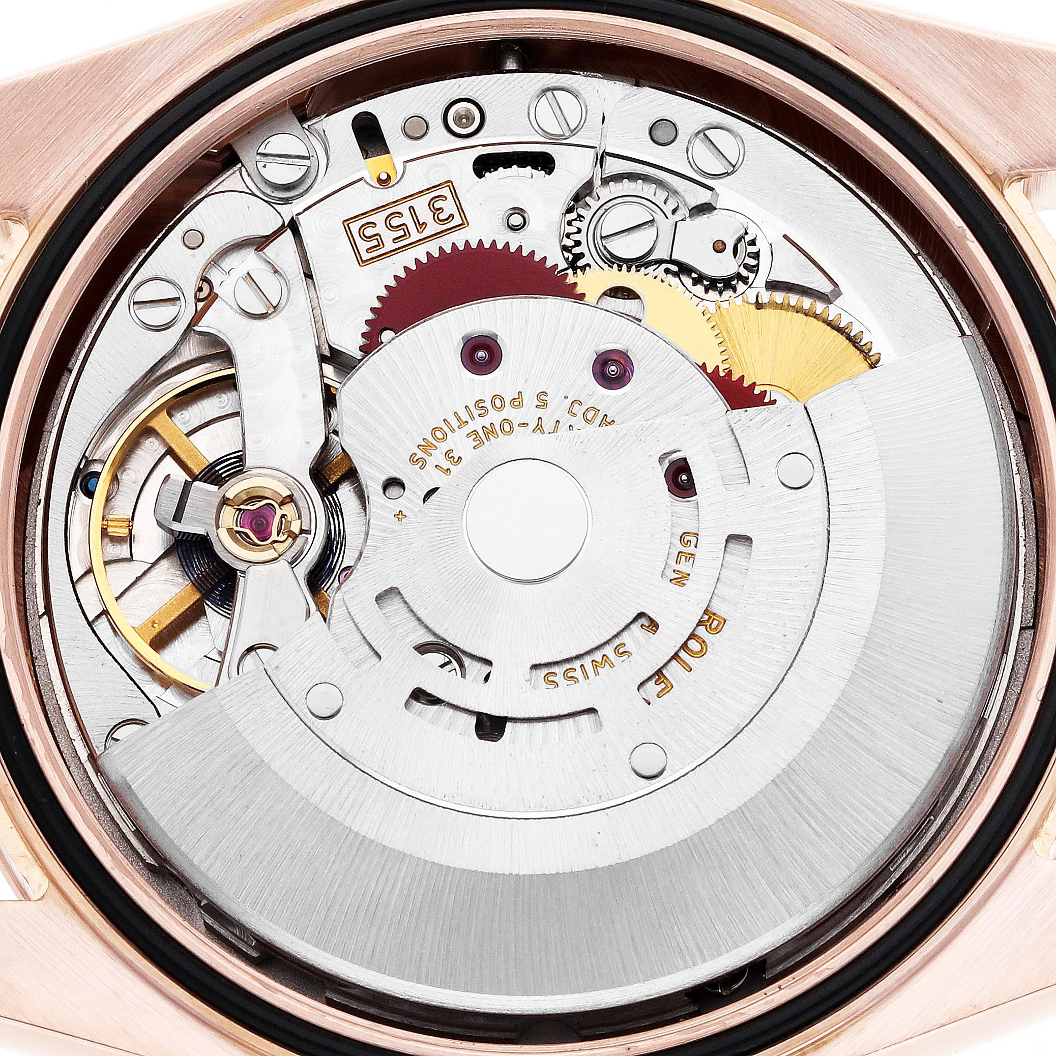 The image shows the internal mechanism of a Rolex President 118235 Men's Rose Gold Silver Dial 118235 Men's Rose Gold Silver Dial watch from a top-down angle, highlighting gears and the rotor.