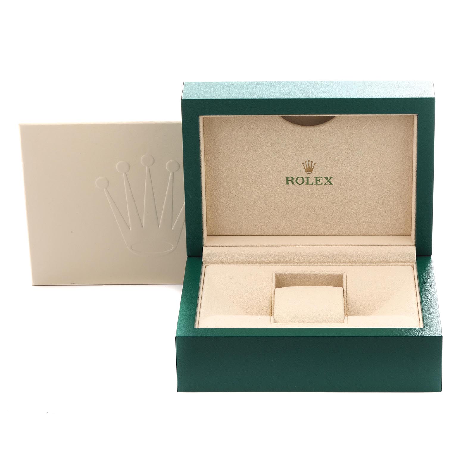 The image shows an open green and beige box for the Rolex President 118235 Men's Rose Gold Silver Dial 118235 Men's Rose Gold Silver Dial model, featuring the brand logo inside the lid.