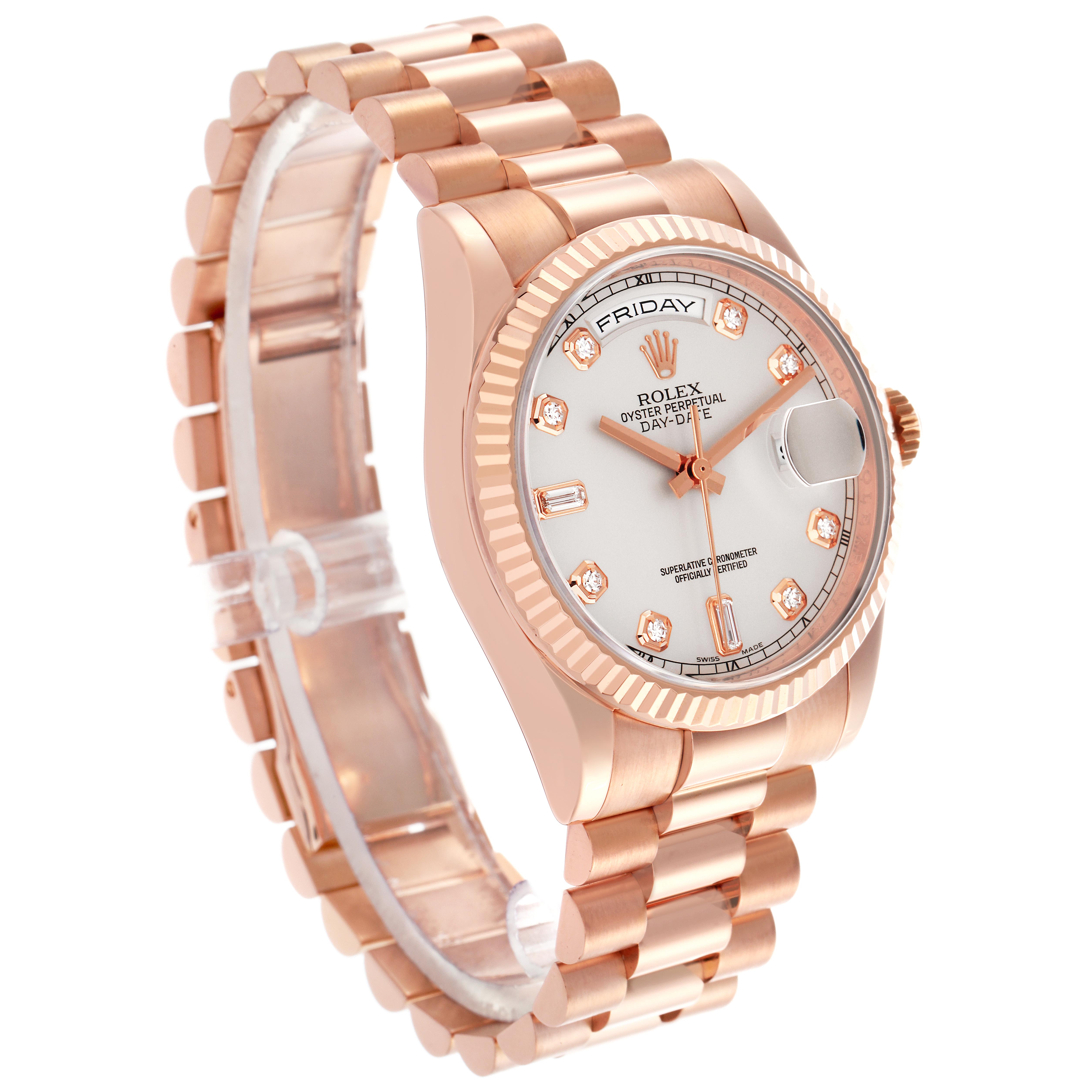 The Rolex President 118235 Men's Rose Gold Silver Dial 118235 Men's Rose Gold Silver Dial model watch is shown at a three-quarter angle, highlighting the bracelet, bezel, dial, and day-date function.