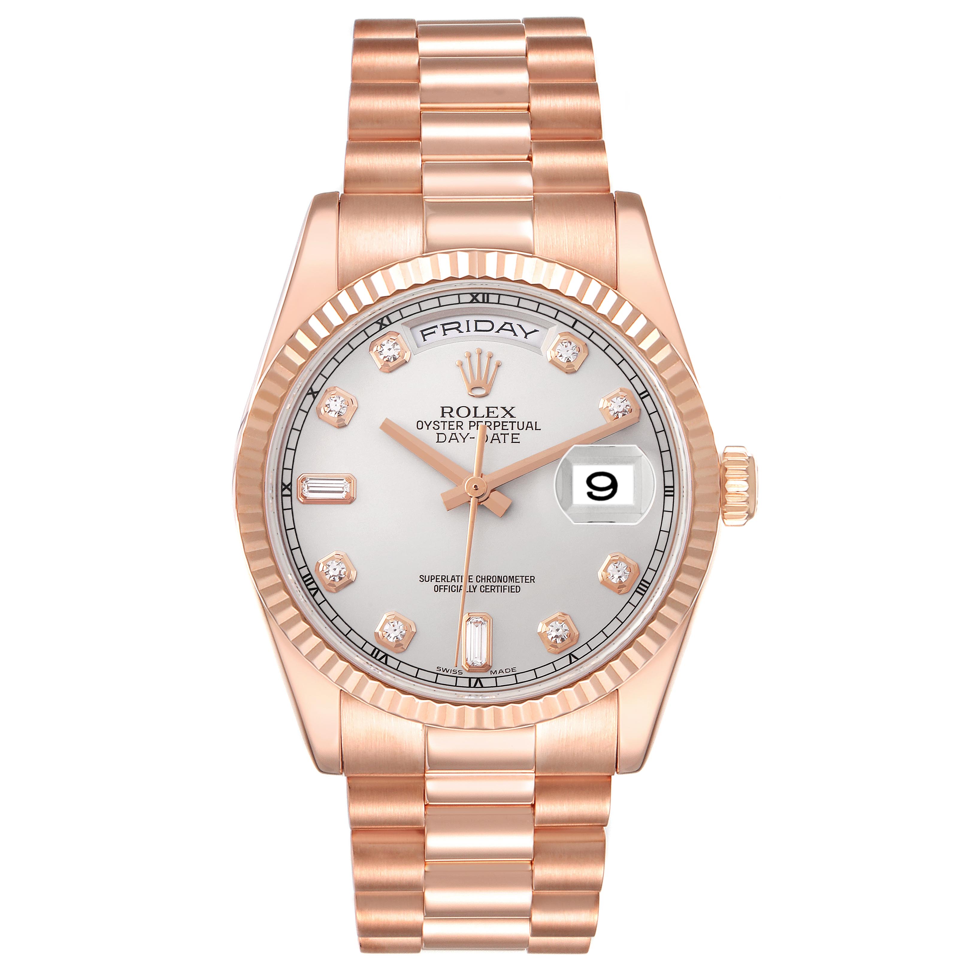 The Rolex President 118235 Men's Rose Gold Silver Dial 118235 Men's Rose Gold Silver Dial model is shown from a top-down angle, highlighting its rose gold bracelet, fluted bezel, and diamond markers.