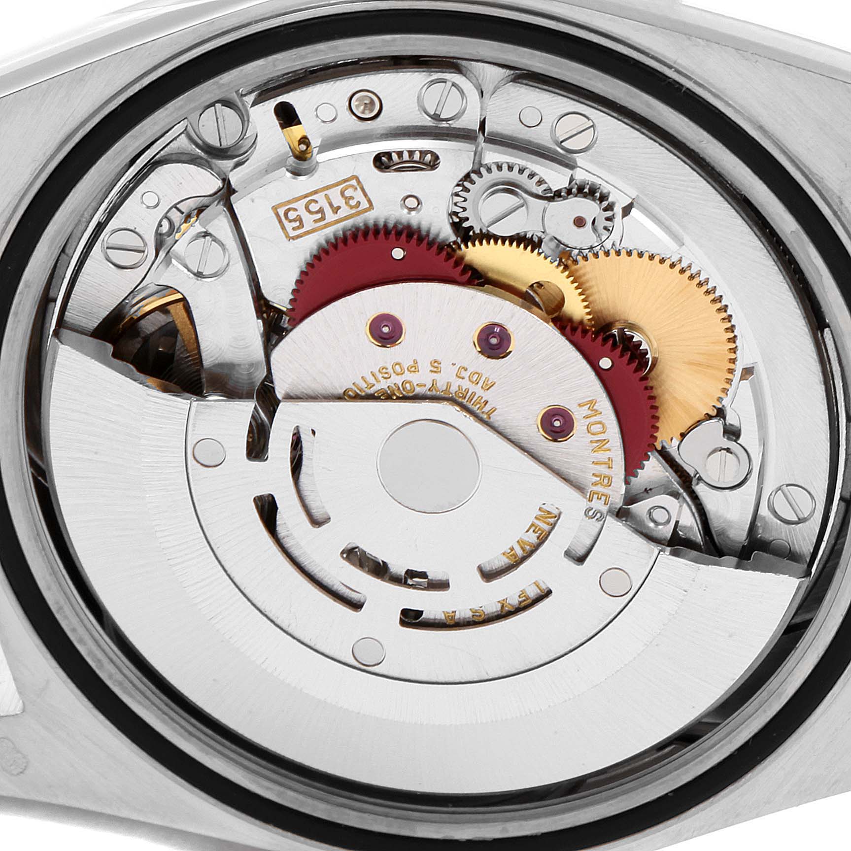 This image shows the internal mechanism of a Rolex President 18239 Men's White Gold Brown Dial 18239 Men's White Gold Brown Dial model watch, viewed from the back with the case removed.
