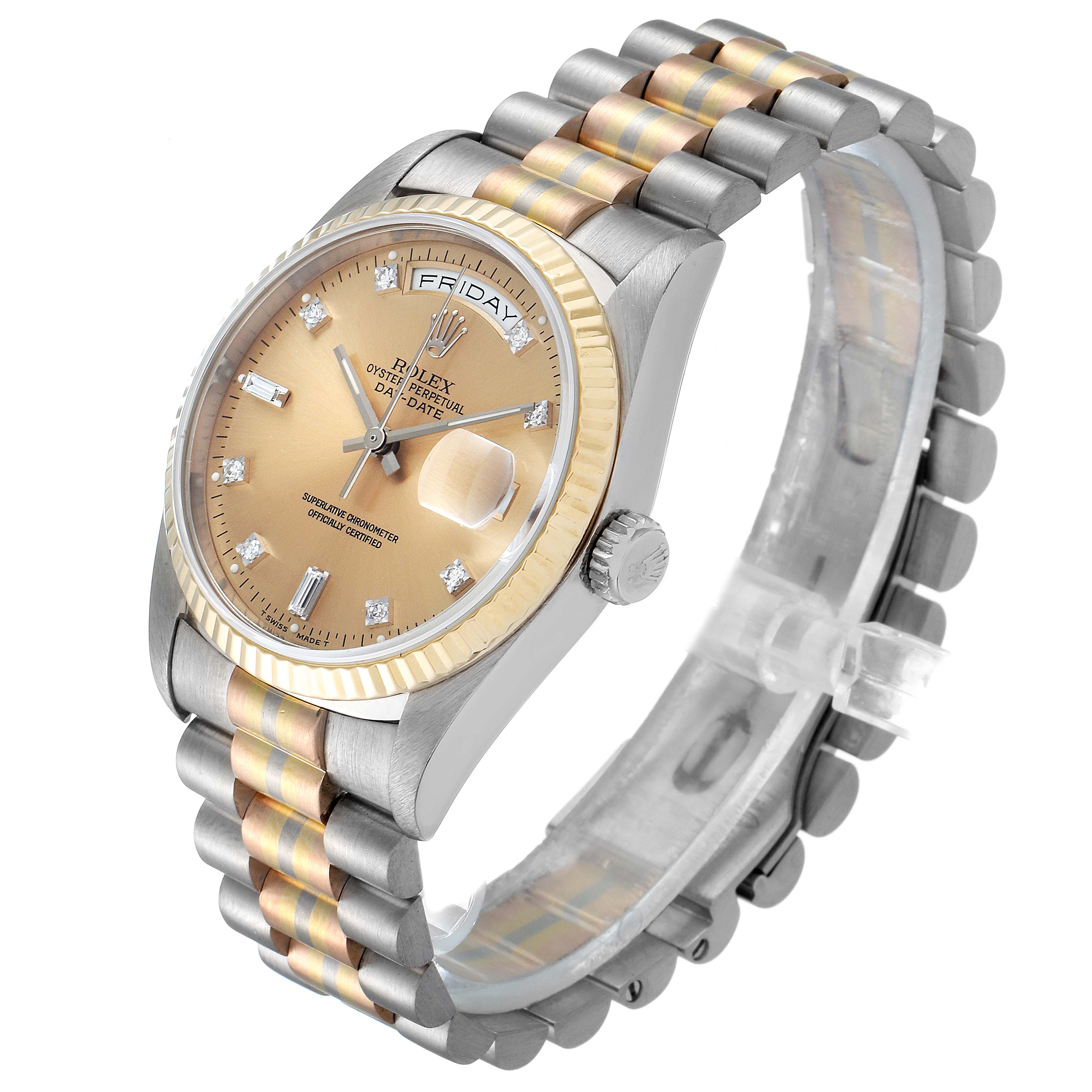 The Rolex President 18239 Men's White Gold Brown Dial 18239 Men's White Gold Brown Dial model watch is shown at a three-quarter angle, displaying its gold dial, fluted bezel, and two-tone bracelet.
