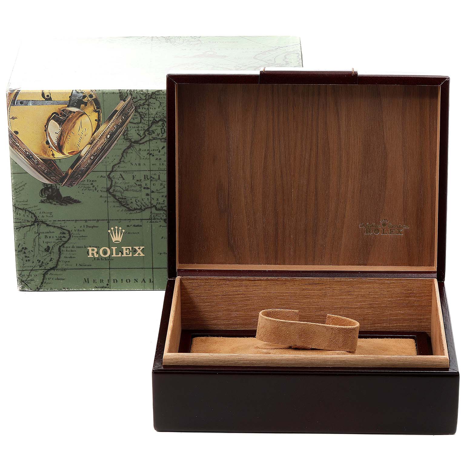 The image shows an open wooden box and an outer box for a Rolex President 18239 Men's White Gold Brown Dial 18239 Men's White Gold Brown Dial model watch.