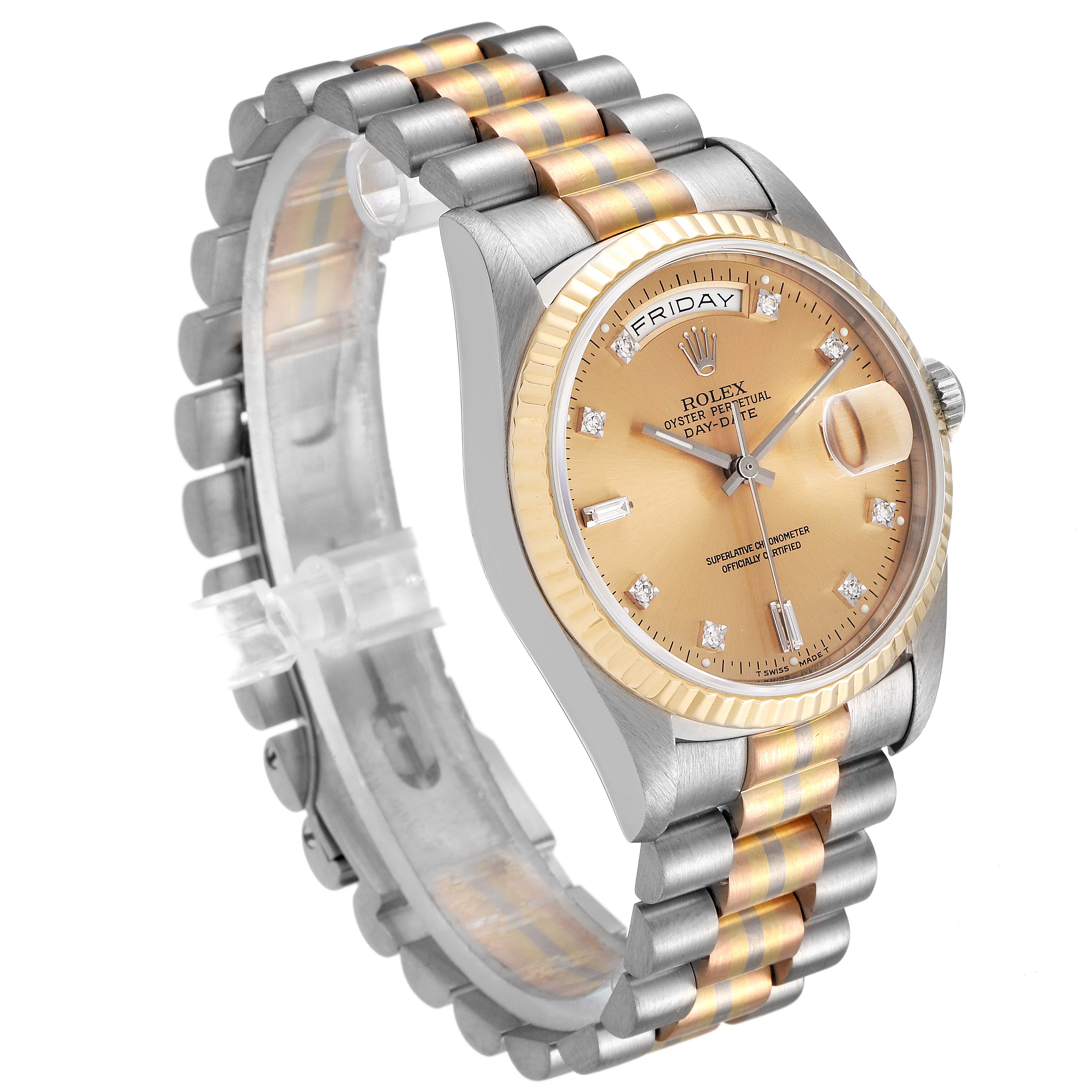 This image shows a Rolex President 18239 Men's White Gold Brown Dial 18239 Men's White Gold Brown Dial model watch angled to highlight the face, bezel, and two-tone bracelet.