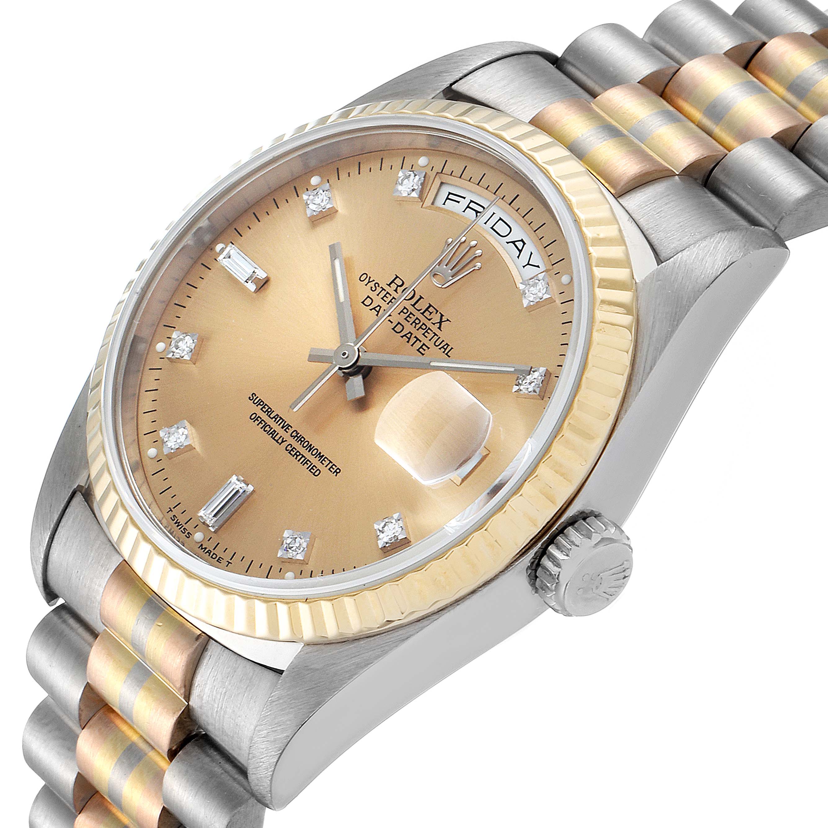 The Rolex President 18239 Men's White Gold Brown Dial 18239 Men's White Gold Brown Dial model is shown at an angle, displaying the dial, crown, and two-tone bracelet.