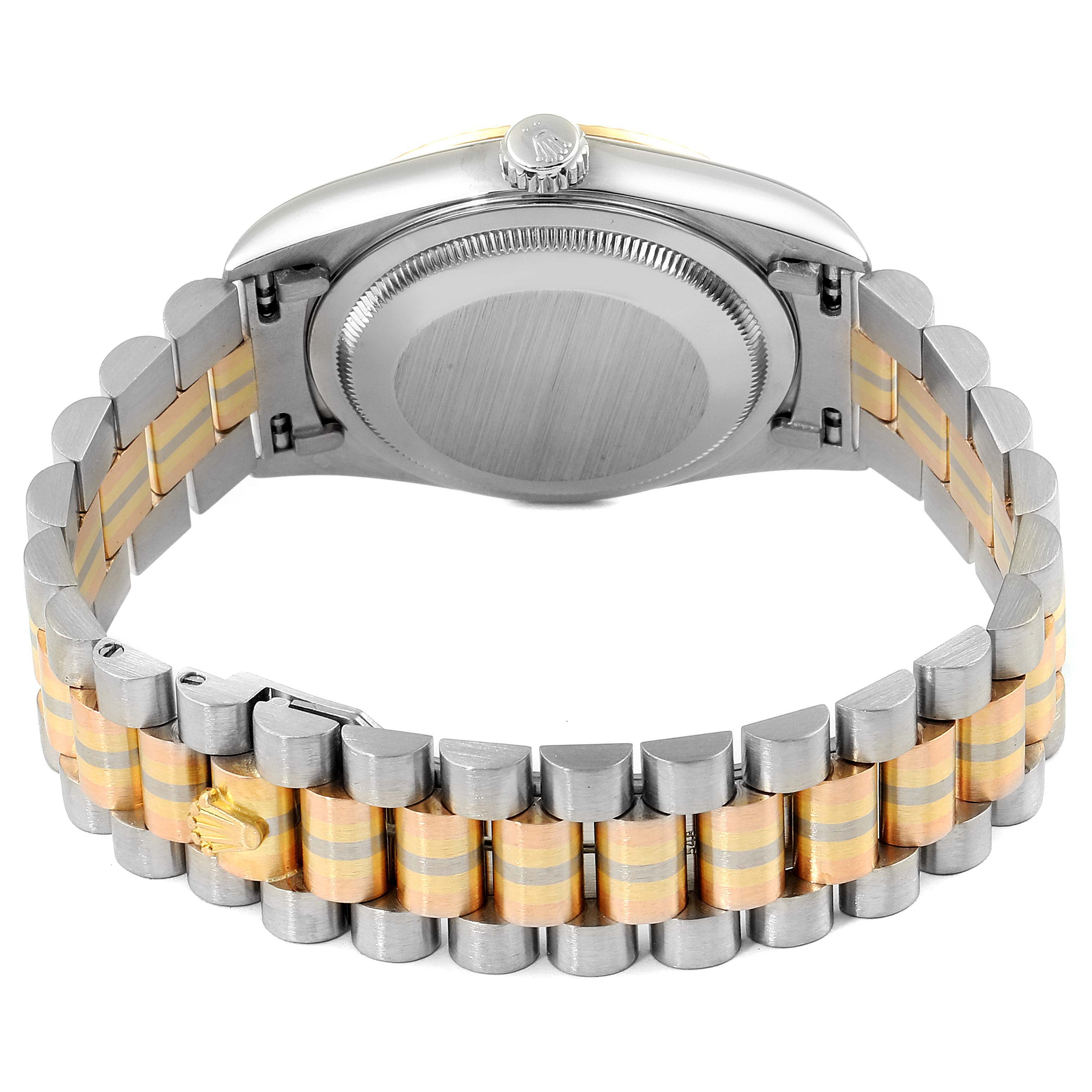 This image shows the back and side view of a Rolex President 18239 Men's White Gold Brown Dial 18239 Men's White Gold Brown Dial model watch, highlighting the case, bracelet, and crown.