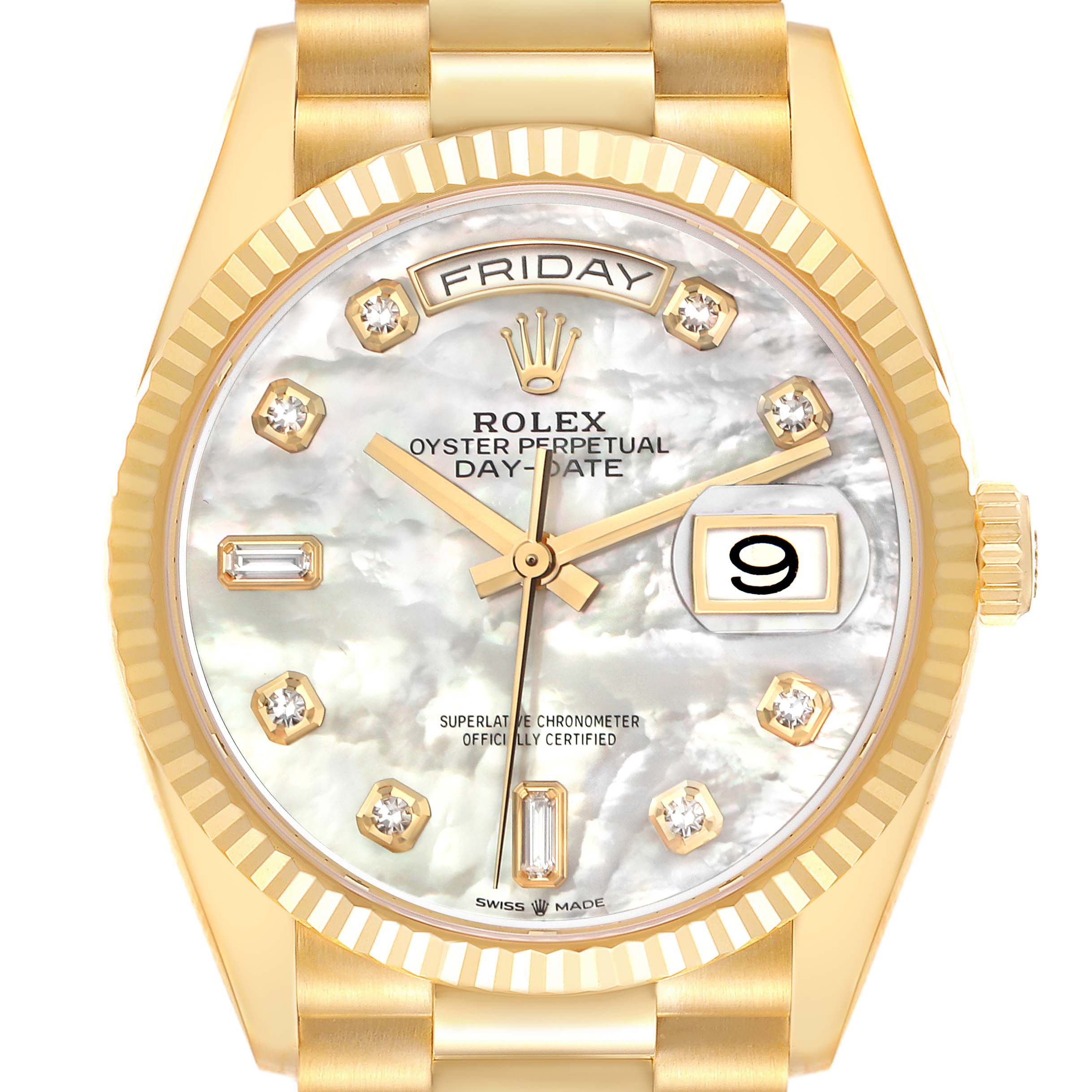 The Rolex President 128238 Men's Yellow Gold Mother of Pearl Dial 128238 Men's Yellow Gold Mother of Pearl Dial model watch is shown from a front angle, displaying its dial, gold case, and bracelet links.