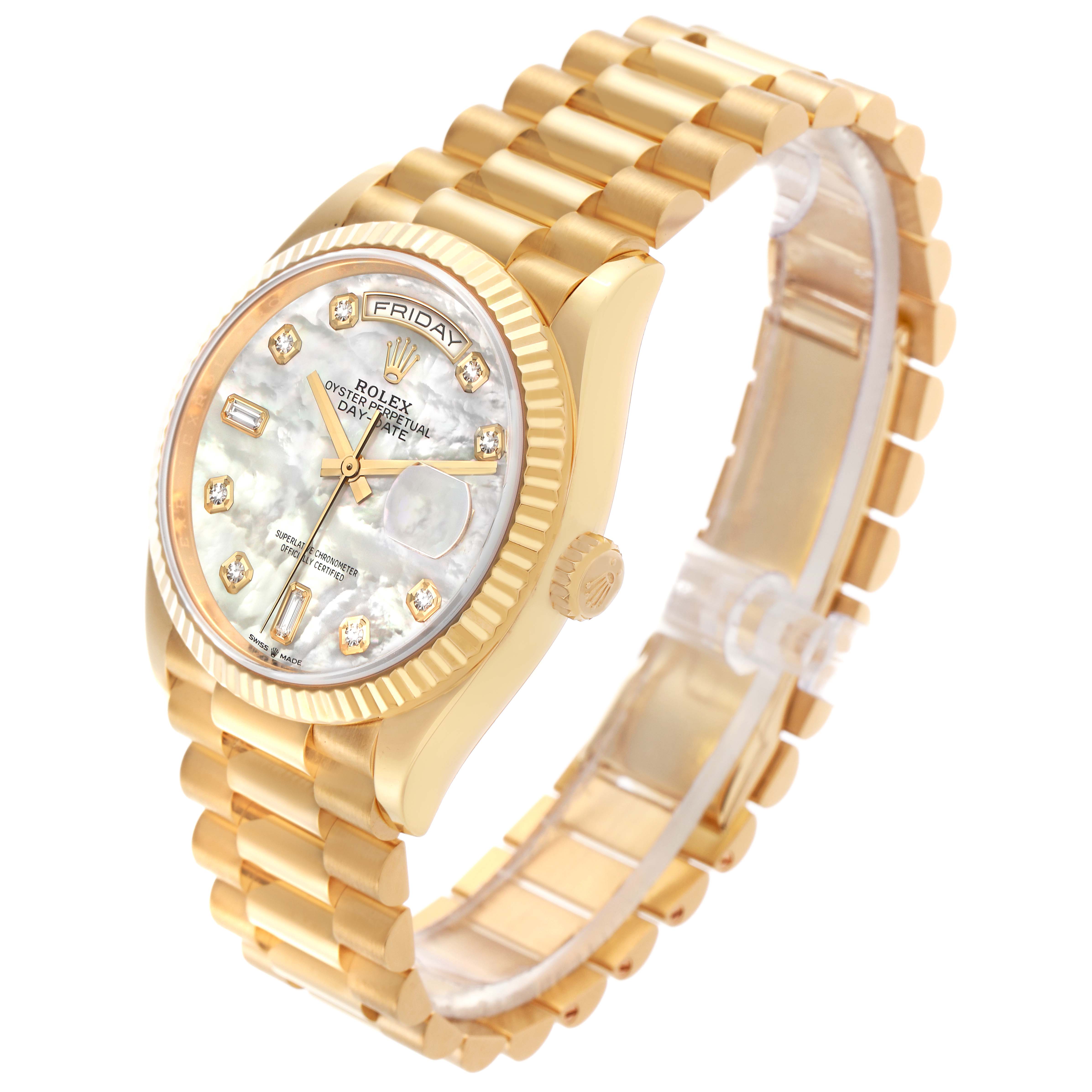 The Rolex President 128238 Men's Yellow Gold Mother of Pearl Dial 128238 Men's Yellow Gold Mother of Pearl Dial watch is shown from a three-quarter angle, highlighting the face, bracelet, and crown.