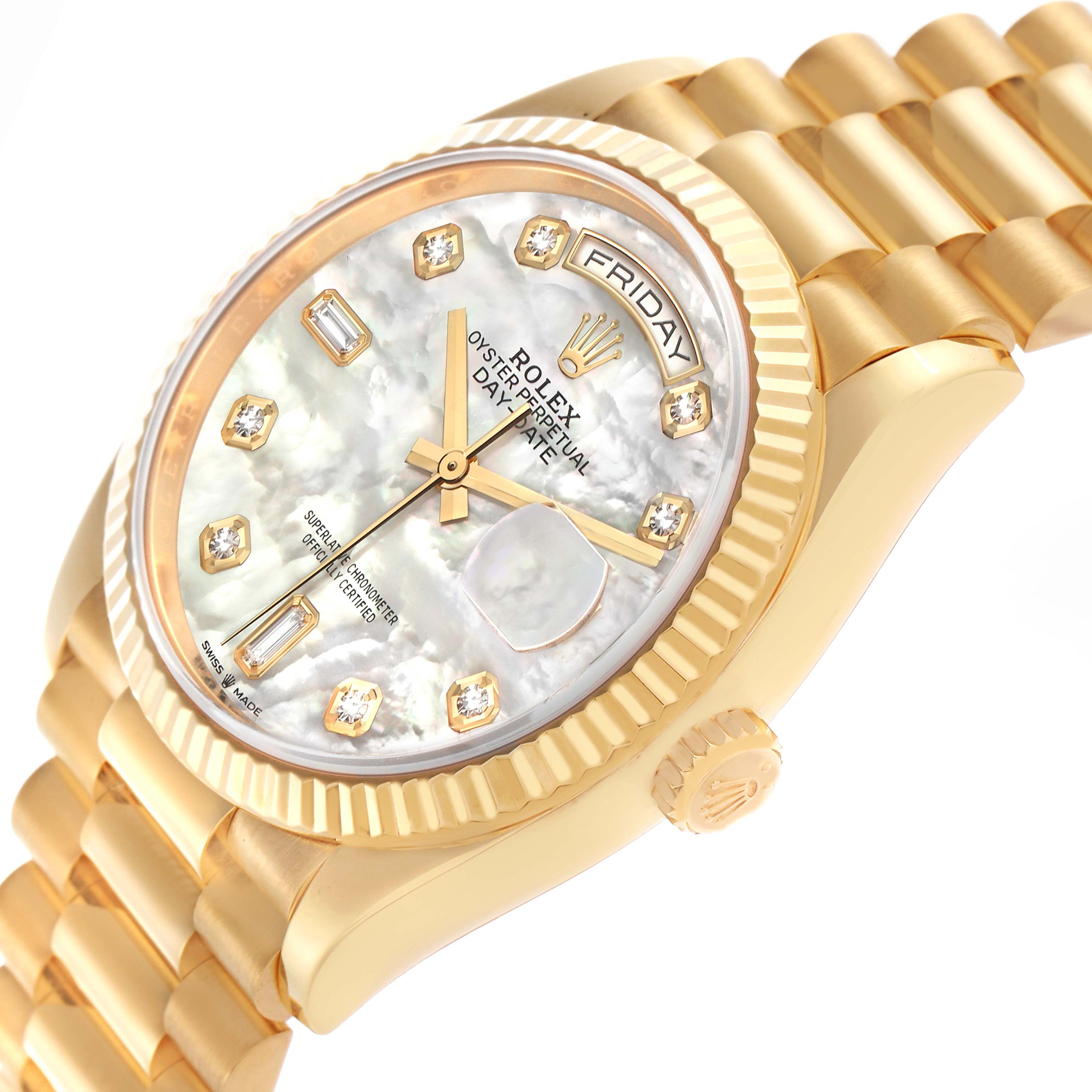 The Rolex President 128238 Men's Yellow Gold Mother of Pearl Dial 128238 Men's Yellow Gold Mother of Pearl Dial watch is shown from a three-quarter angle, highlighting the dial, fluted bezel, and part of the bracelet.