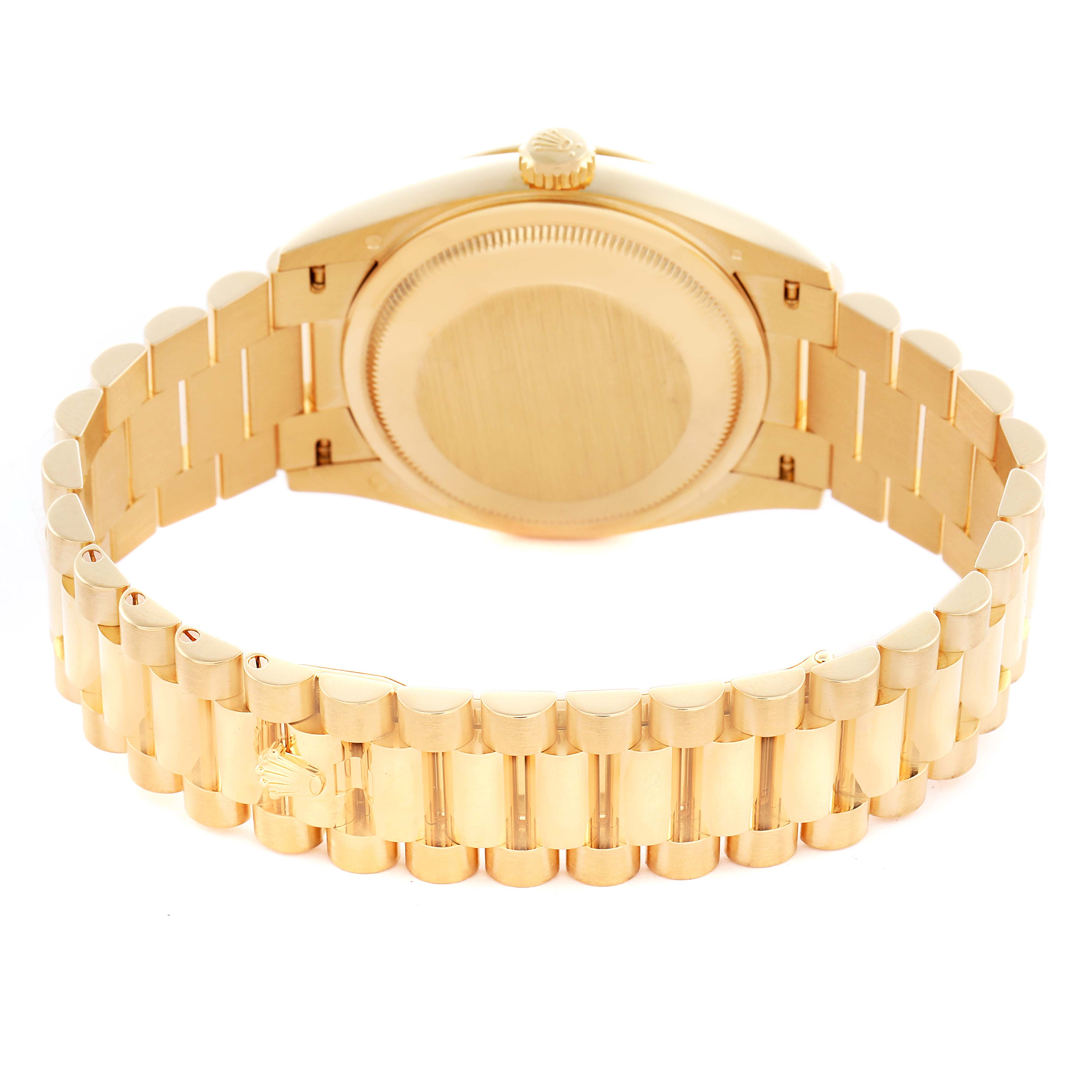 The image shows the backside of a gold Rolex President 128238 Men's Yellow Gold Mother of Pearl Dial 128238 Men's Yellow Gold Mother of Pearl Dial watch, highlighting the case back and bracelet.