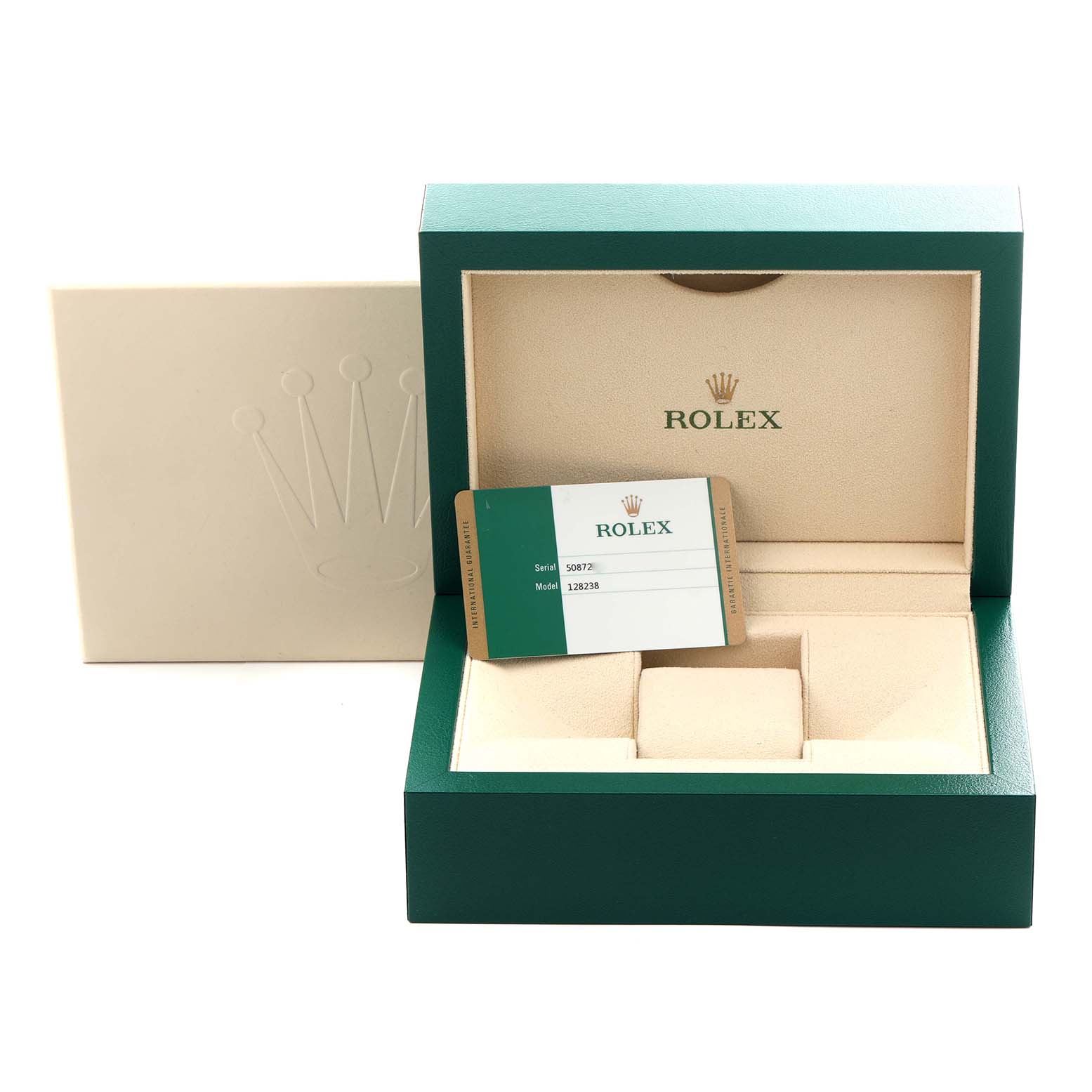The image shows a Rolex President 128238 Men's Yellow Gold Mother of Pearl Dial 128238 Men's Yellow Gold Mother of Pearl Dial model watch box, open, with a warranty card displayed inside.