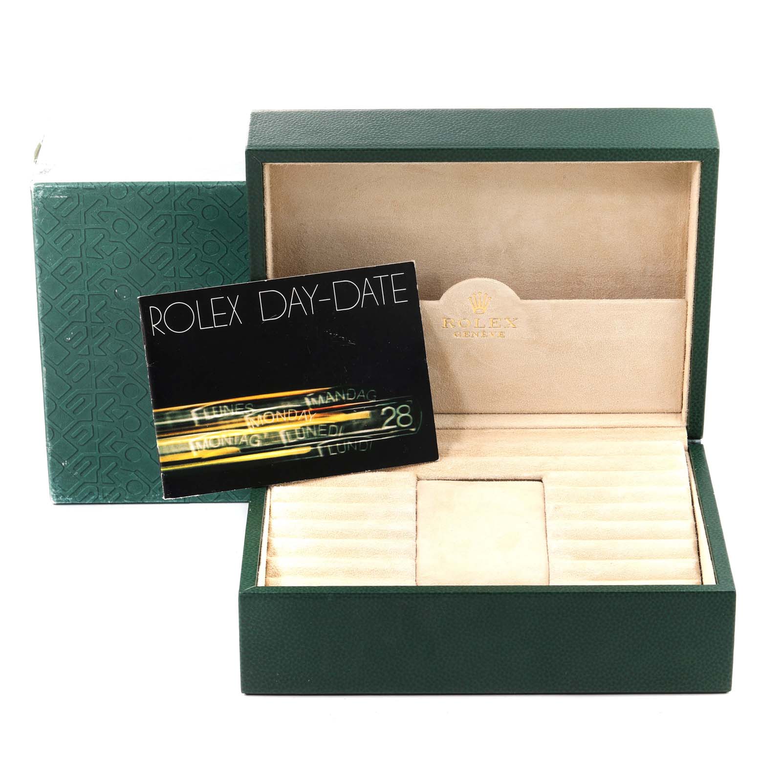 The image shows an open box for the Rolex President 18238 Men's Yellow Gold Blue Dial 18238 Men's Yellow Gold Blue Dial model watch, with an instruction manual beside it.